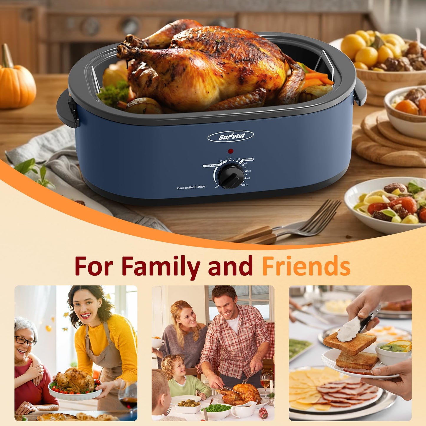 Sunvivi 20 Quart Electric Roaster Oven with Self-Basting Lid, Blue