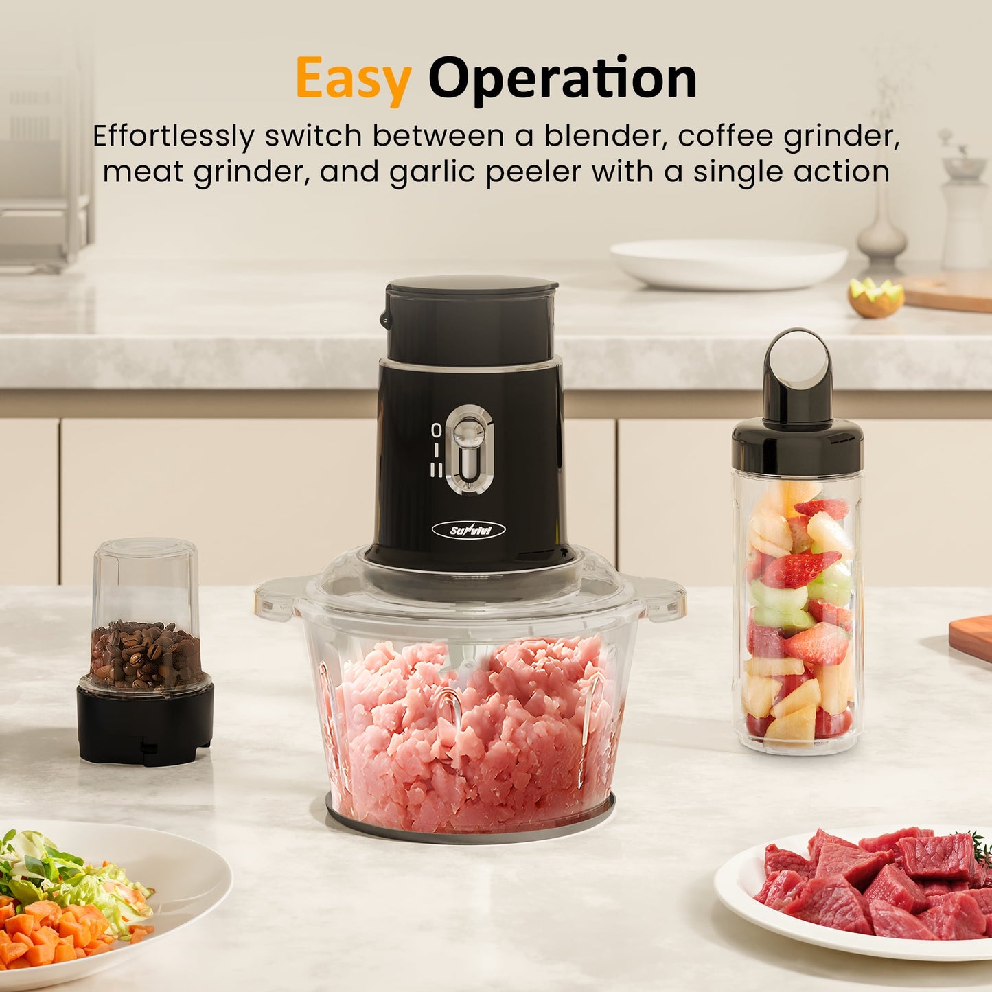 Sunvivi 250W Electric Food Chopper, 4 in 1 Food Grinder for Grinding Meat, Peeling Garlic & Juicing, 2 Speed Blender and Food Processor Combo with 1.5L Glass Bowl & 2 Cups (0.4L+0.2L), Black