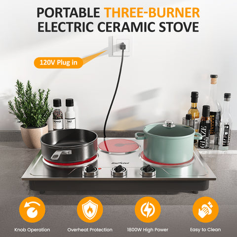 Sunvivi 1800W Triple Burner Portable Electric Ceramic Stove Knob Control