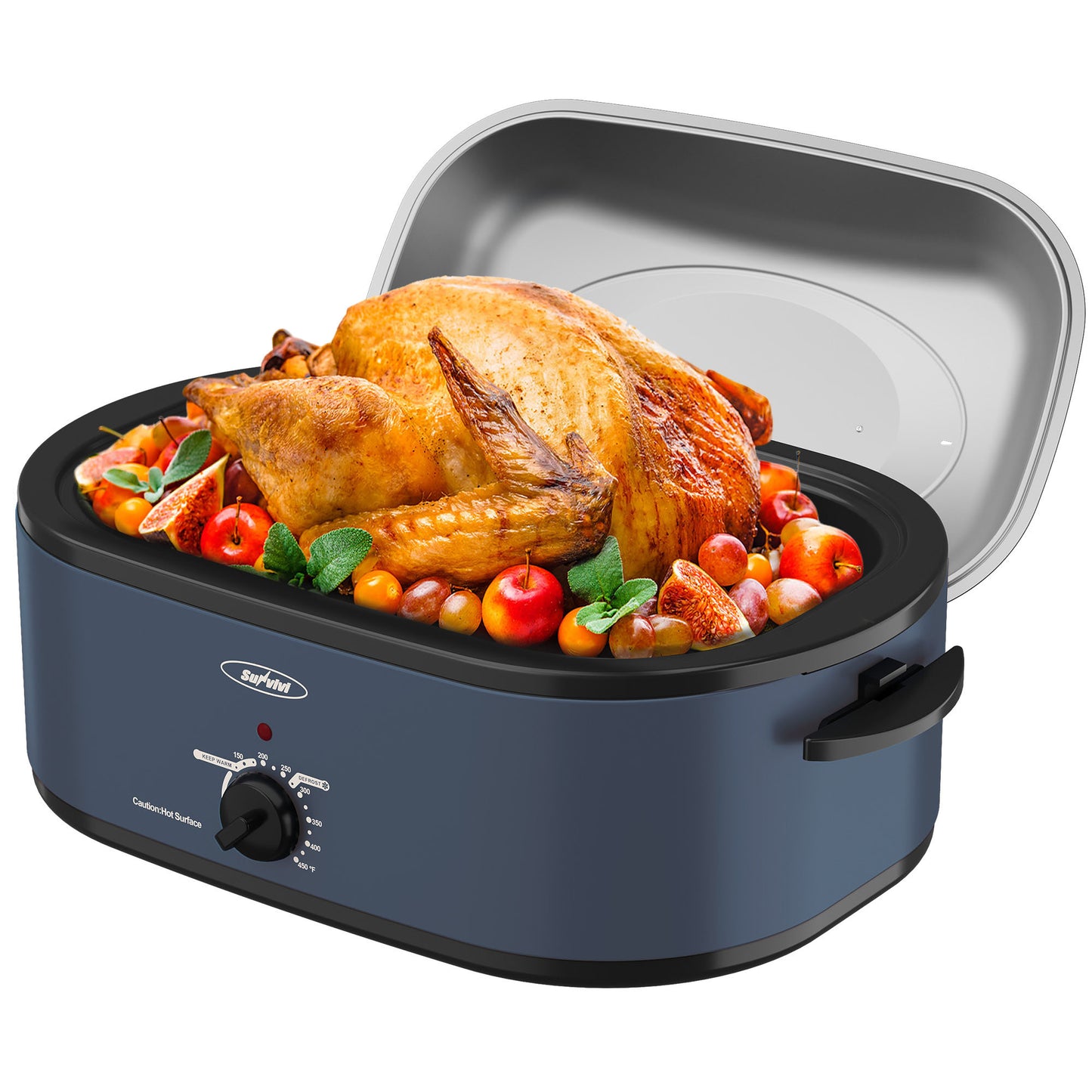 18-Quart Roaster Oven, Electric Roaster Oven with Self-Basting Lid, Turkey Roaster with Unique Defrost/Warm Function, Large Roaster with Removable Pan & Rack, Stainless Steel, Blue