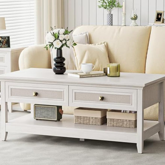 RoyalCraft Farmhouse Coffee Table, Boho Tea Table with 2 Rattan Decor Drawers, Accent Center Sofa Table with Storage Shelf, 2 Tier Coffee Table for Bedroom, Living Room, Home Office, Grayish White