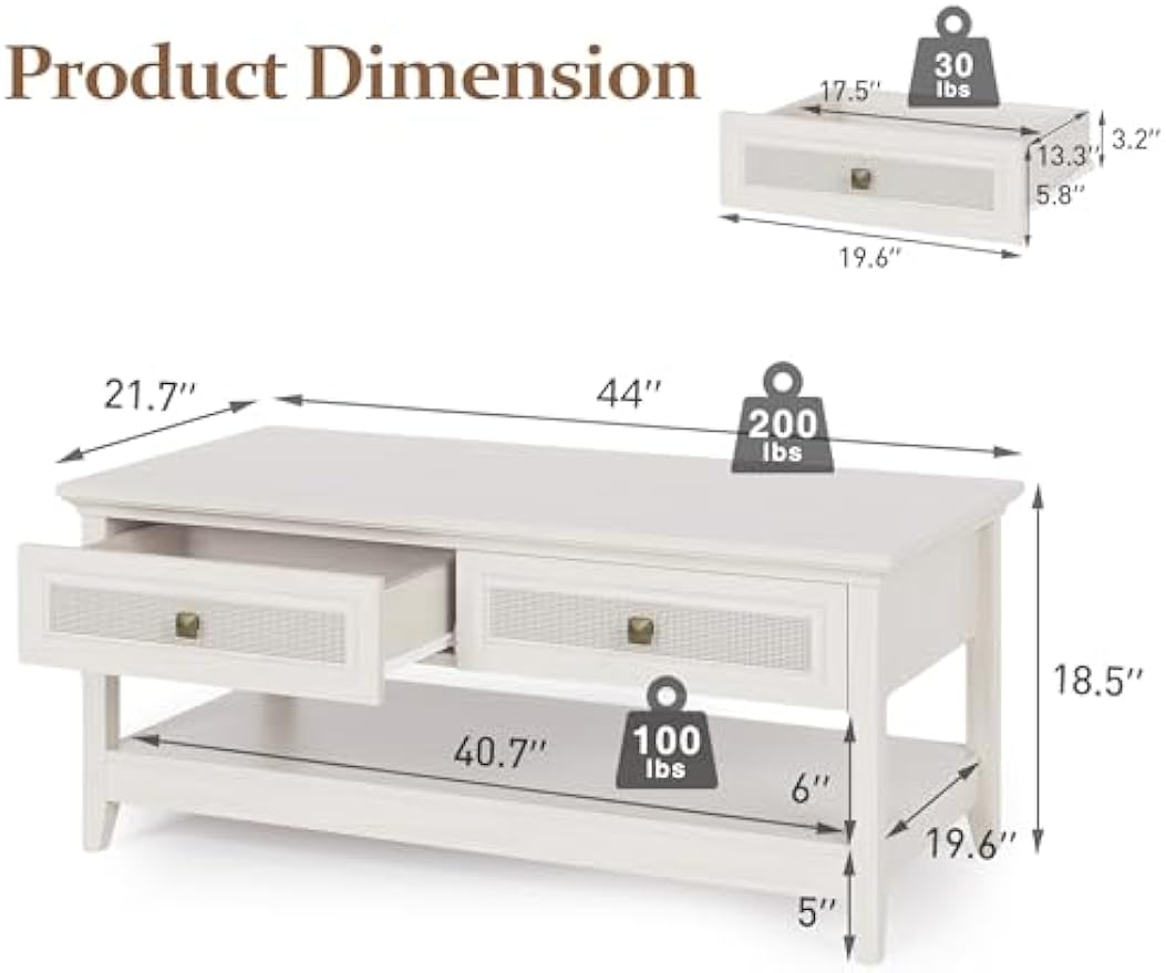 RoyalCraft Farmhouse Coffee Table, Boho Tea Table with 2 Rattan Decor Drawers, Accent Center Sofa Table with Storage Shelf, 2 Tier Coffee Table for Bedroom, Living Room, Home Office, Grayish White