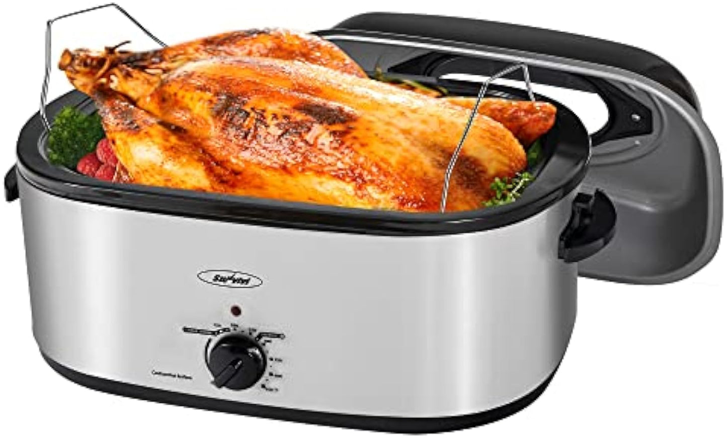 Sunvivi 26 Quart Electric Roaster Oven Turkey Roaster with Lid Electric Roasters with Removable Pan Large Roaster, Visible & Self-basting Lid, Fast Heating & Thaw/warming Setting, Silver, Grey