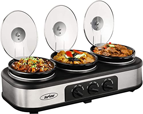 Sunvivi Triple Slow Cooker, Buffet Server, 3 Pot Food Warmer, 4.5QT