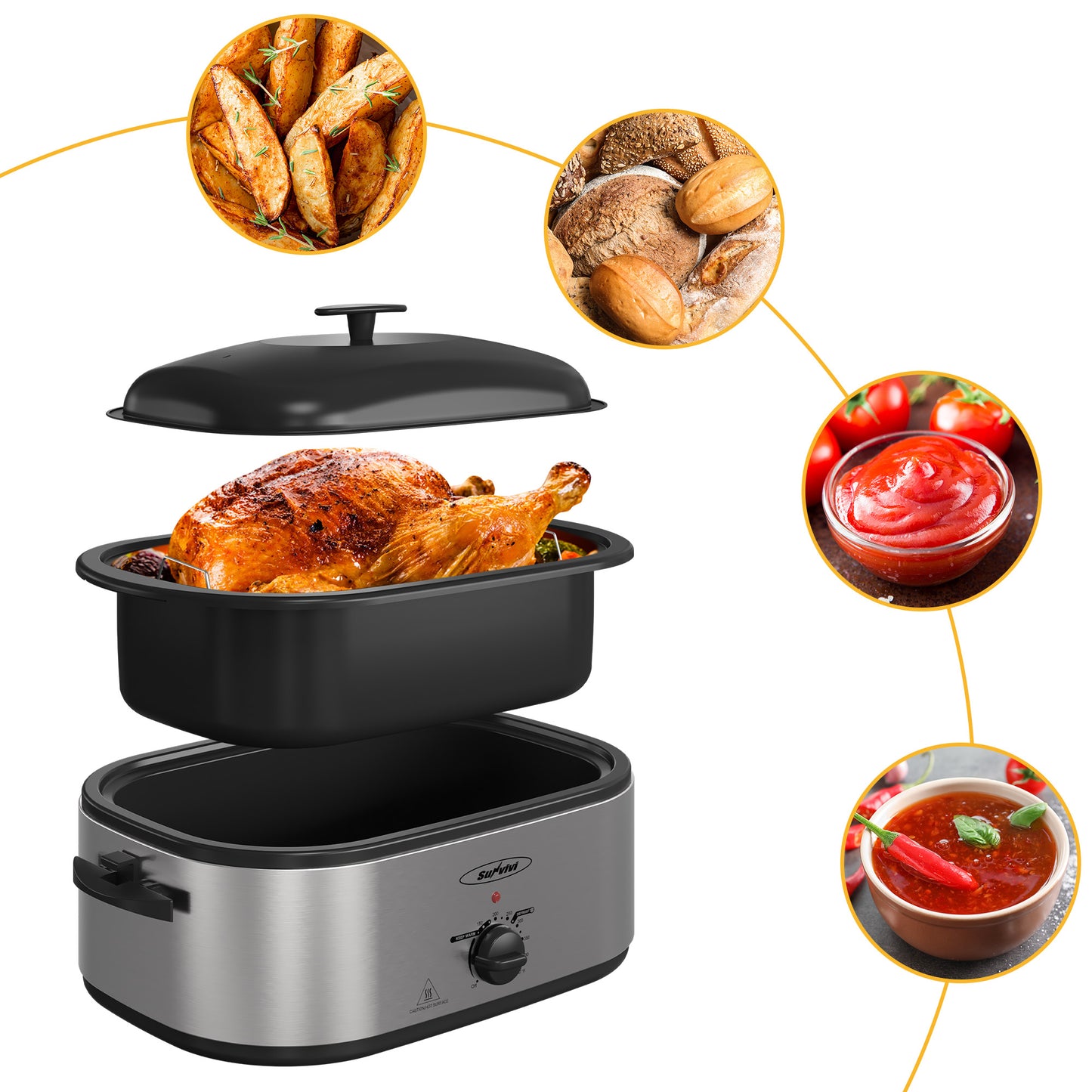 Sunvivi Electric Roaster Oven, 18 QT Turkey Roaster with Self-Basting Lid and Buffet Server, Roaster Oven with Adjustable Temperature Control, Removable Pan & Rack for Turkey, Pizza, Meat, Stainless Steel, Silver