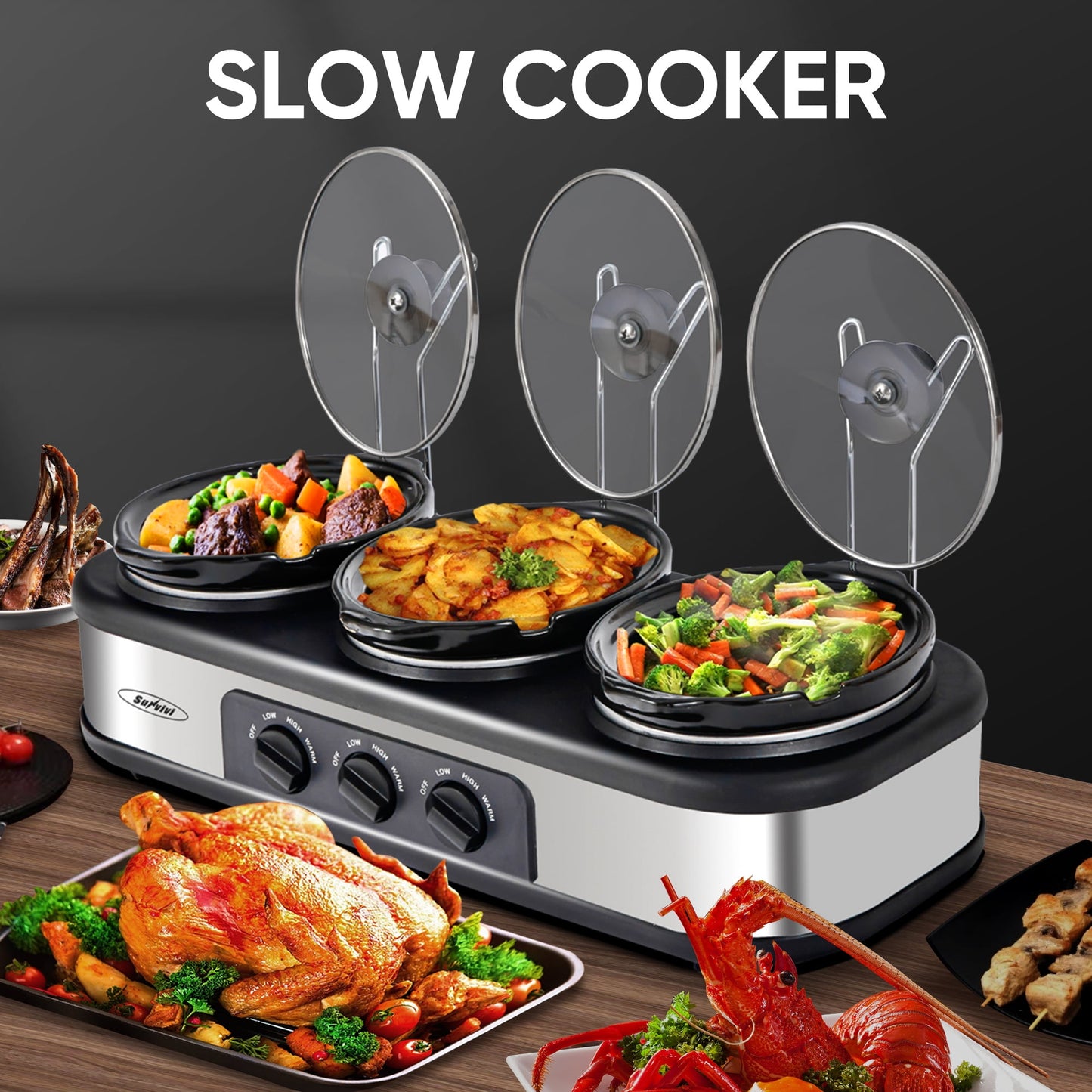 Triple Slow Cooker with 3 Spoons, 3 Pot 1.5 Quart Oval Crock Food Warmer Buffet Server, Stainless Steel