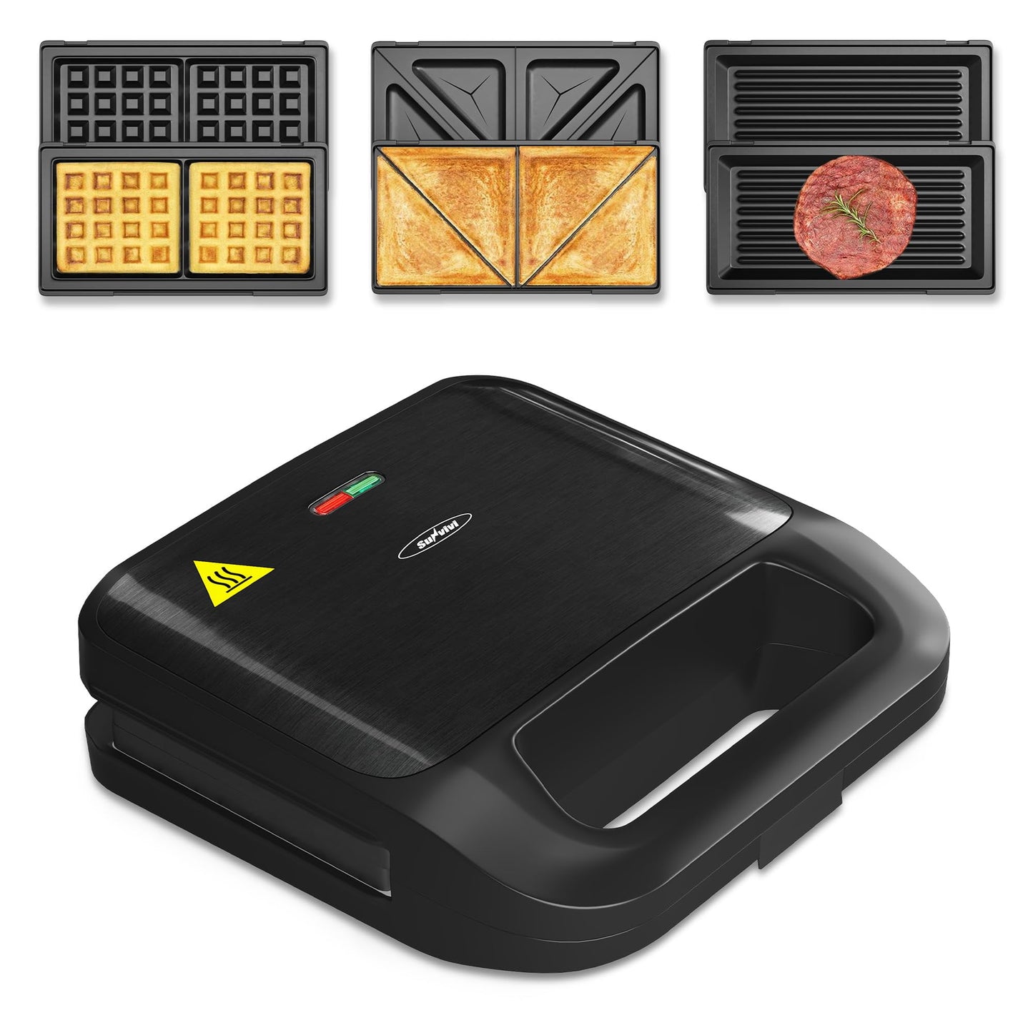 Sunvivi 3 in1 Electric Sandwich Maker, Panini Press Grill and Waffle Iron Set, Grill and Sandwich Press with Removable Non-Stick Plates, Indicator Lights & Cool Touch Handle, 750W, Black