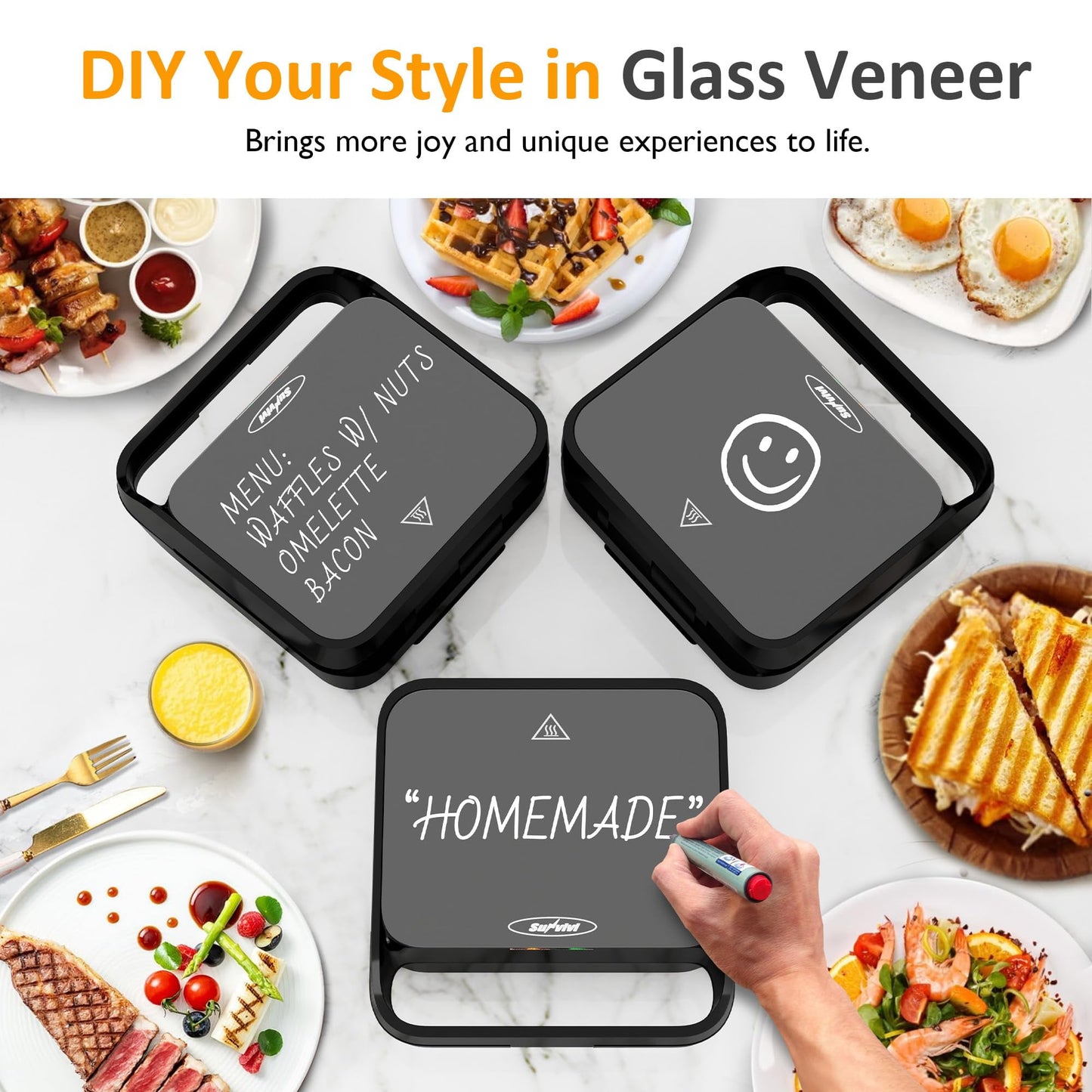 Sunvivi 3 in1 Sandwich Maker, Electric Waffle Maker with Removable Non-stick Plates, 850W Panini Press Grill with Glass Top, Cool Touch Handle & Easy to Clean, Black