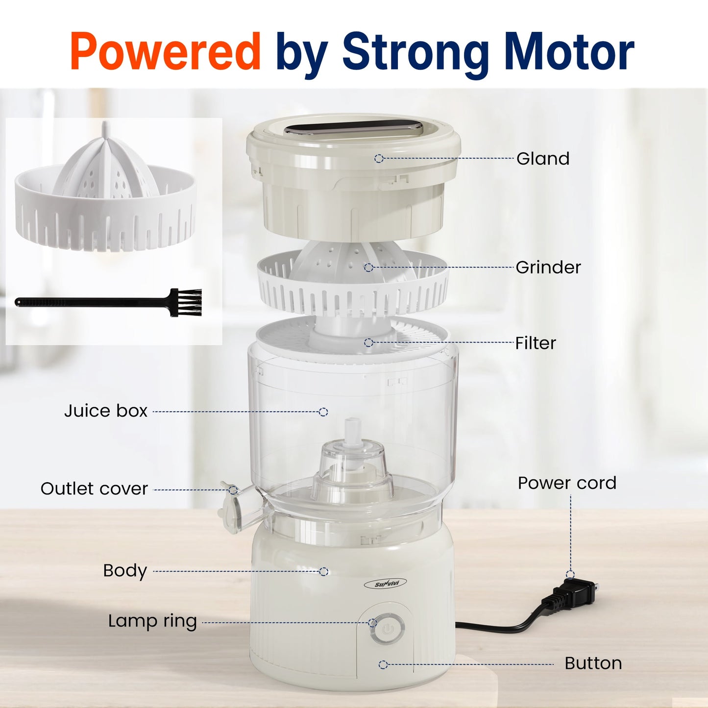 Sunvivi Citrus Juicer Electric, 90W Automatic Orange and Lemon Squeezer, Fast 15,000 RPM Fruit Juicer, Compact Design, Easy to Clean with Cleaning Brush, Beige