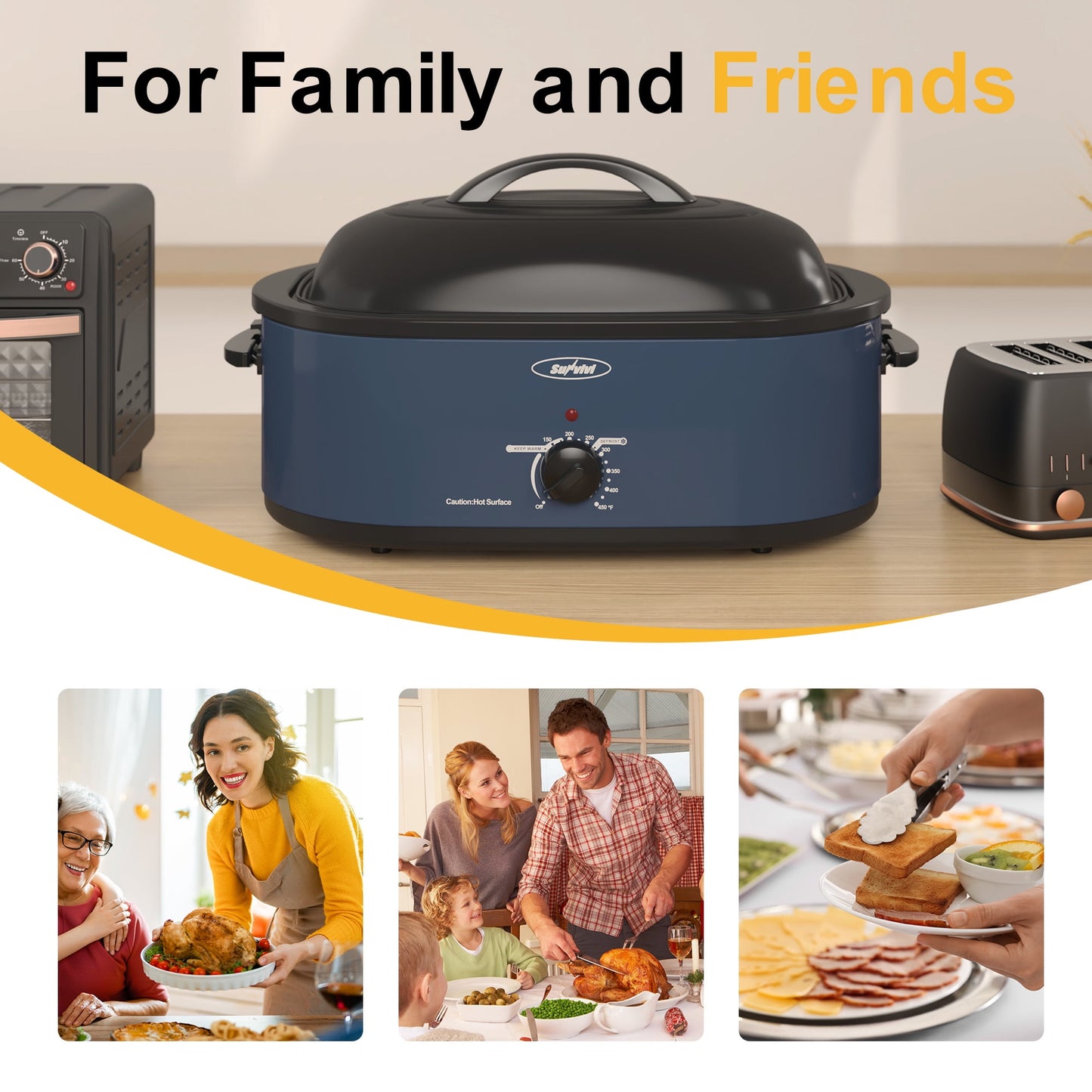 RoyalCraft 18QT Roasting Oven with Self-Basting Lid Removable Pan, 150 to 450F Temperature Control Cool-Touch Handles,Blue