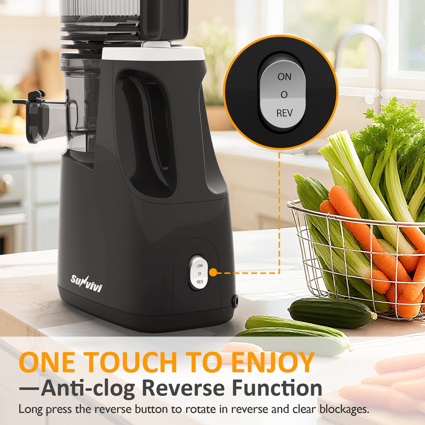 Sunvivi Cold Press Juicer with 5.9" Wide Feed Chute, 250W Slow Juicer Machines Fit Whole Vegetables & Fruits, Easy to Clean, Dual-Layer Strainer, High Juicer Yield Masticating Juicer for Home, Black