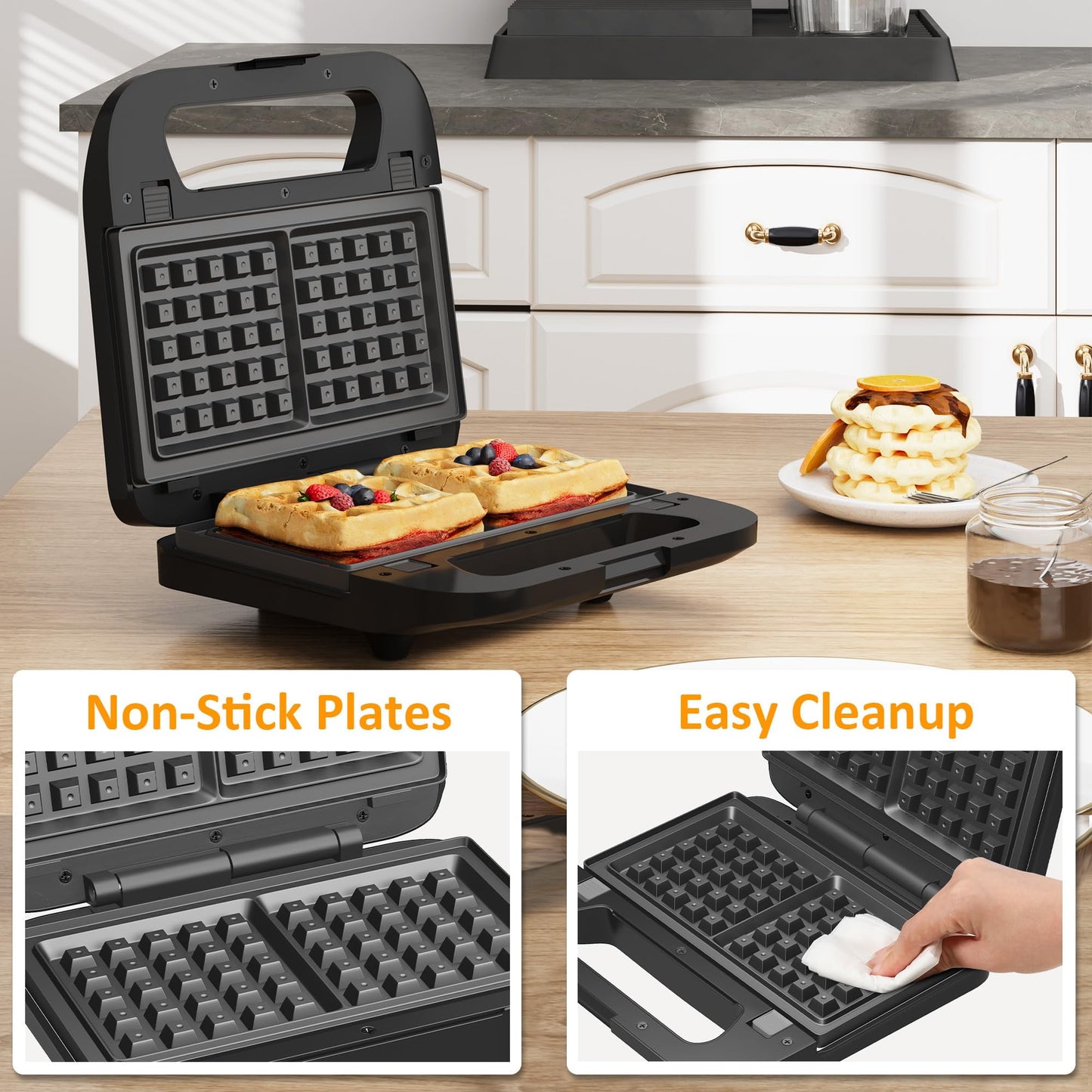 Sunvivi 3 in1 Electric Sandwich Maker, Panini Press Grill and Waffle Iron Set, Grill and Sandwich Press with Removable Non-Stick Plates, Indicator Lights & Cool Touch Handle, 750W, Black