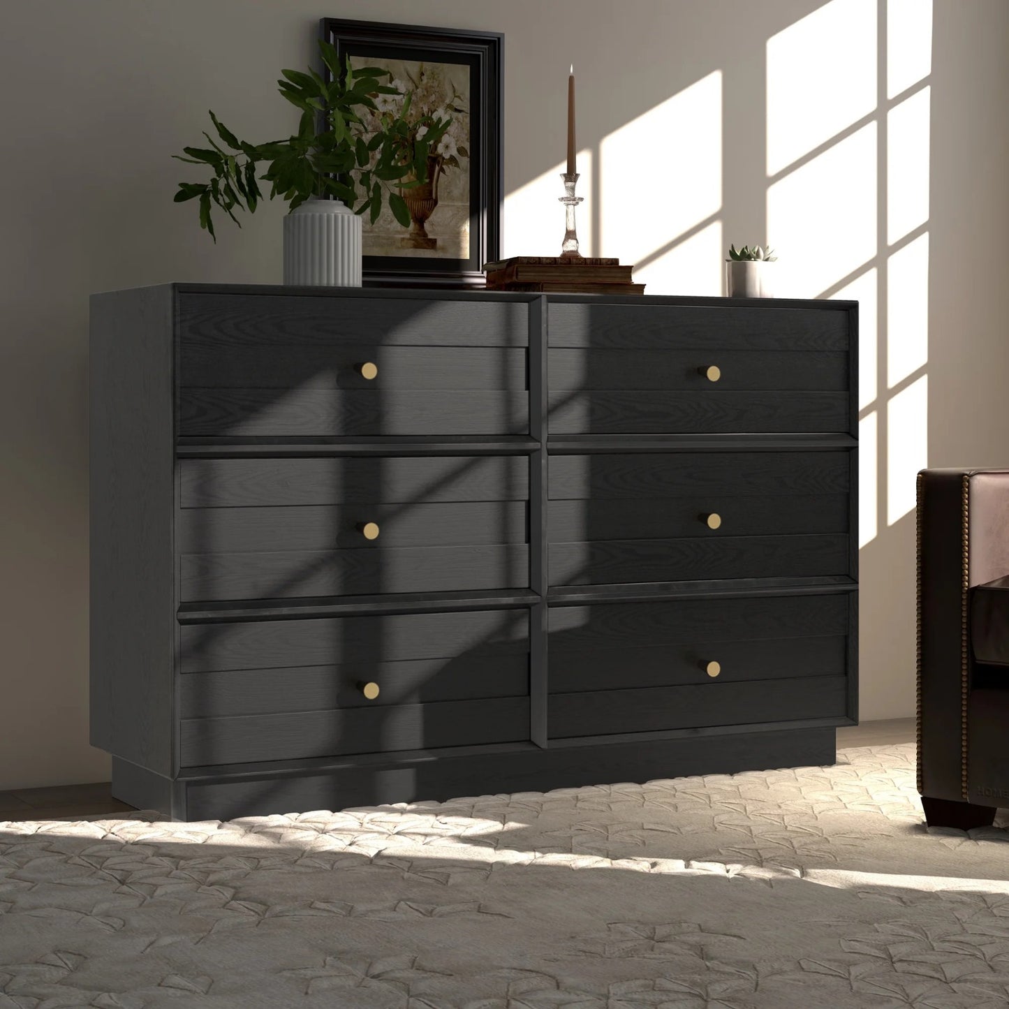 Sunvivi 6 Drawer Dresser, Modern Closet Dressers Chest of Drawers with Crystal Knobs & Decorative Painted Strip