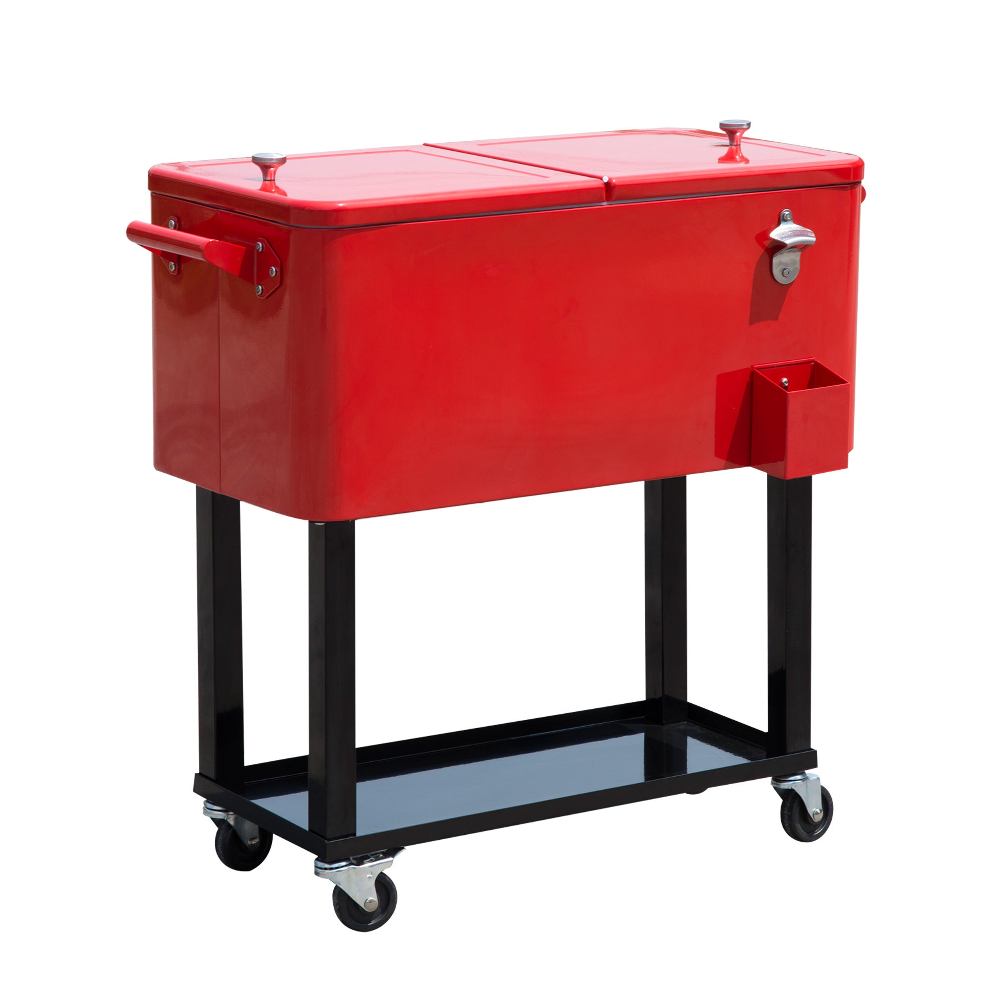 80 QT Rolling Cooling Bins Ice Chest on Wheels Outdoor Stand Up Drink Cooler Cart for Party, Red