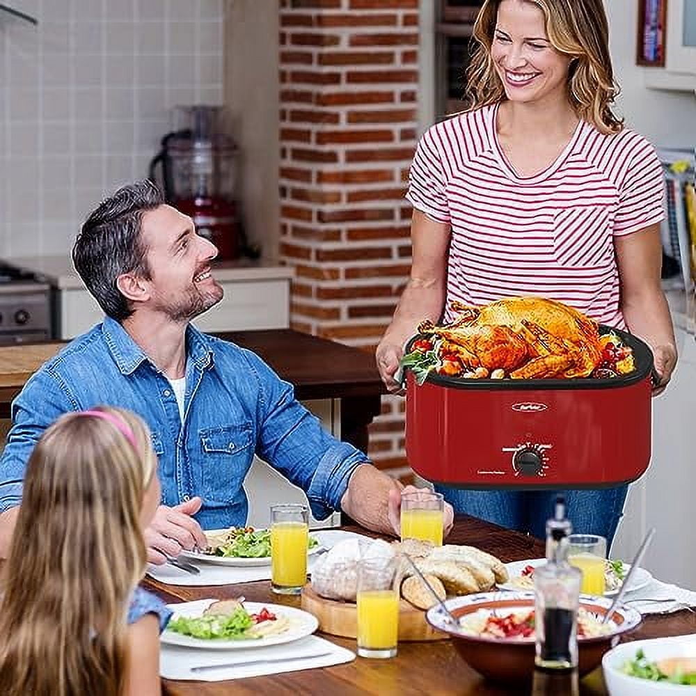 26 Quart Electric Turkey Roaster Oven with Visible Glass Lid,Removable Pan & Rack, Stainless Steel,Red