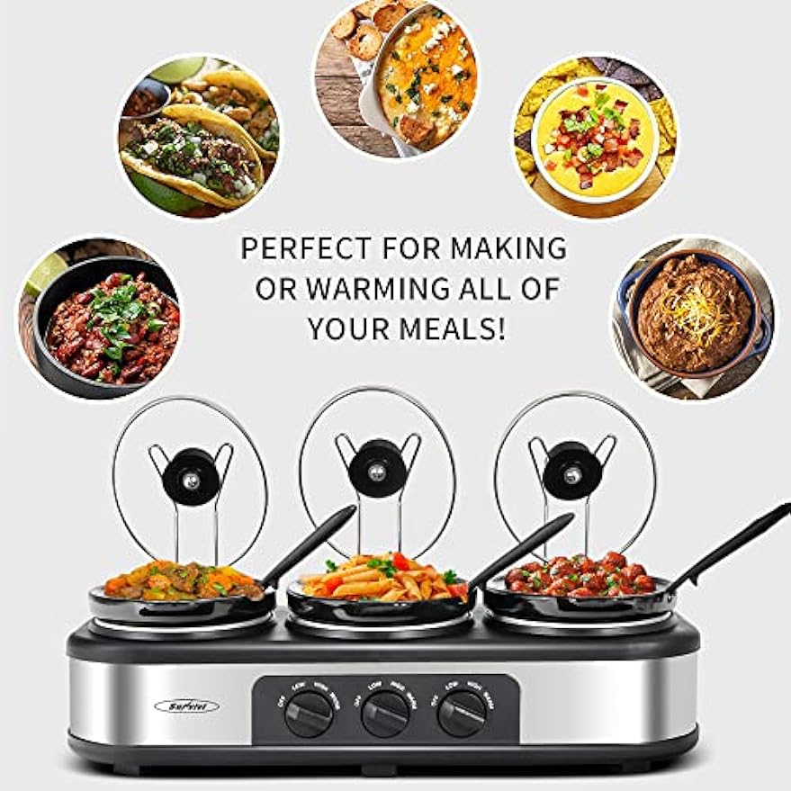 Sunvivi Triple Slow Cooker Buffet Server 3 Pot Food Warmer, 3-Section 1.5-Quart Oval Slow Cooker Adjustable Temp Lid Rests Stainless Steel, Total 4.5 QT