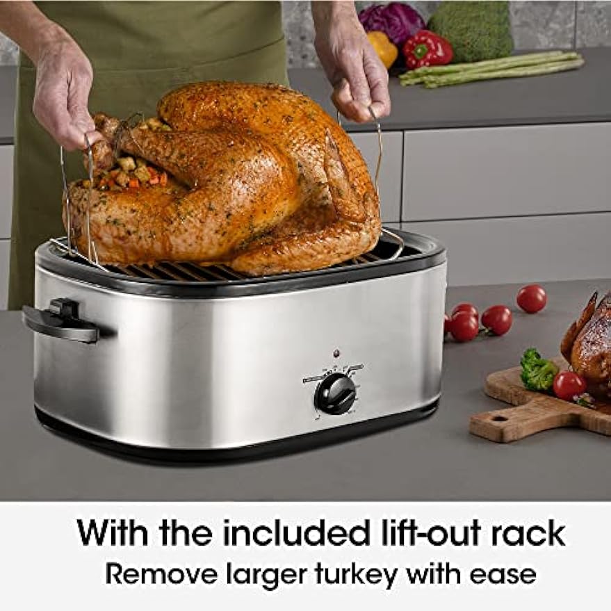 Sunvivi 26 Quart Electric Roaster Oven Turkey Roaster with Lid Electric Roasters with Removable Pan Large Roaster, Visible & Self-basting Lid, Fast Heating & Thaw/warming Setting, Silver, Grey