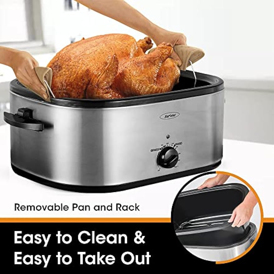 22lb 18-Quart Roaster Oven with Self-Basting Lid, Sunvivi electric roaster with Removable Pan & Rack, 150-450°F Full-Range Temperature Control with Defrost/Warm Function, Stainless Steel, Silver…