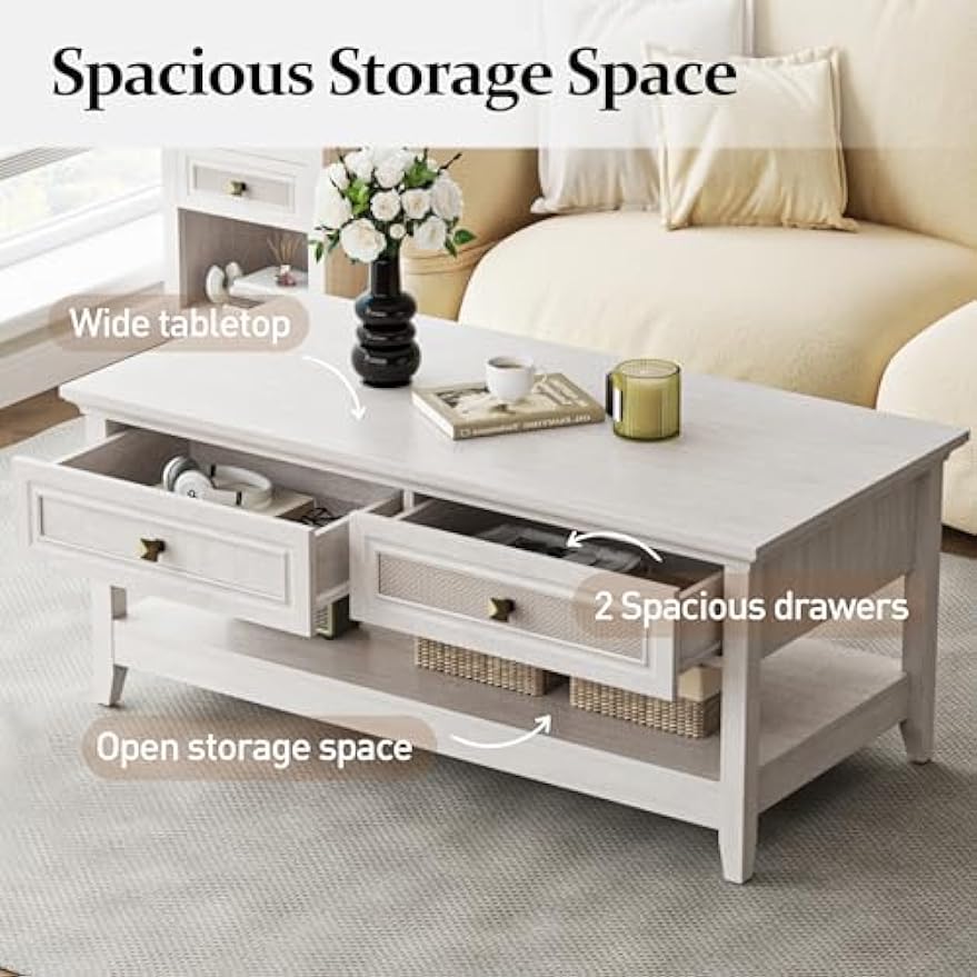 RoyalCraft Farmhouse Coffee Table, Boho Tea Table with 2 Rattan Decor Drawers, Accent Center Sofa Table with Storage Shelf, 2 Tier Coffee Table for Bedroom, Living Room, Home Office, Grayish White