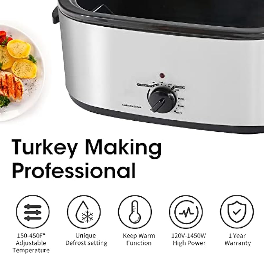 Sunvivi 26 Quart Electric Roaster Oven Turkey Roaster with Lid Electric Roasters with Removable Pan Large Roaster, Visible & Self-basting Lid, Fast Heating & Thaw/warming Setting, Silver, Grey