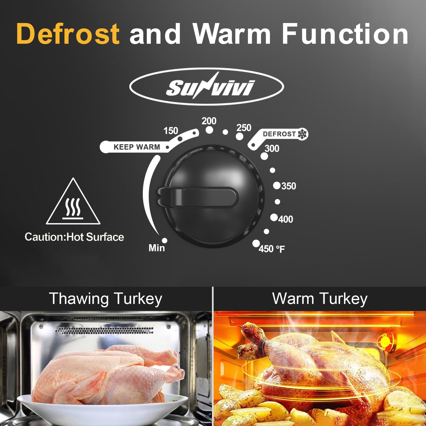 Sunvivi 14-Quart Electric Roaster Oven with Self-Basting Lid, Turkey Roaster Oven with Removable Pan and Rack, Stainless Steel, Black