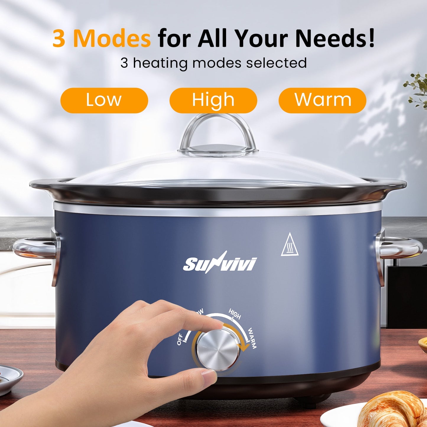 Sunvivi 4QT Compact Slow Cooker & Food Warmer with 3 Temperature Settings, Removable Ceramic Pot, Dishwasher-Safe Glass Lid, Stainless Steel - Blue