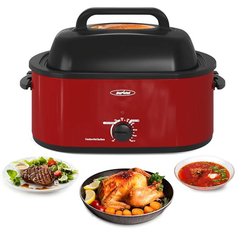 SUNVIVI 20 Quart Turkey Electric Roaster Oven with Self-Basting Lids, Stainless Steel, Red