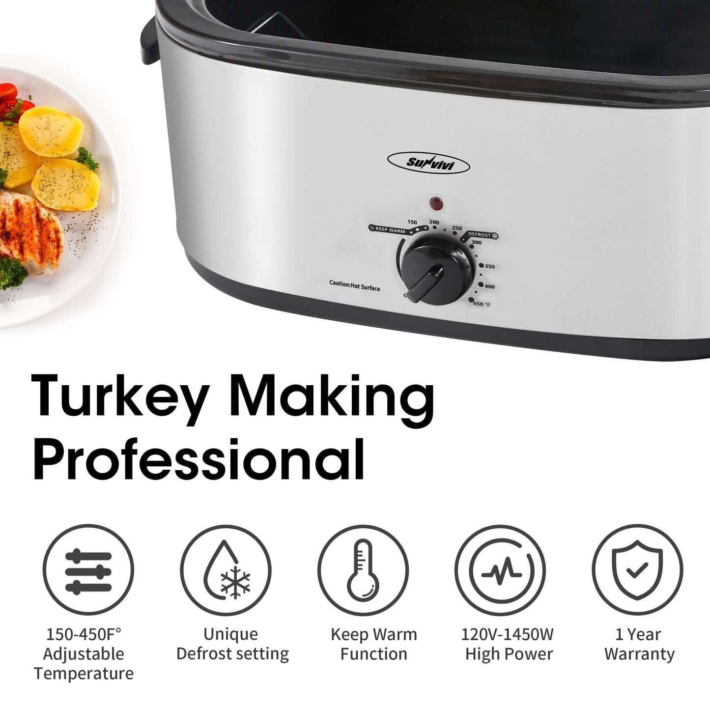 Sunvivi Electric Roaster, 18 Quart Roasting Oven with Self-Basting Lid Removable Pan, Turkey Roaster Oven with 150º to 450ºF Temperature Control Cool-Touch Handles, Silver