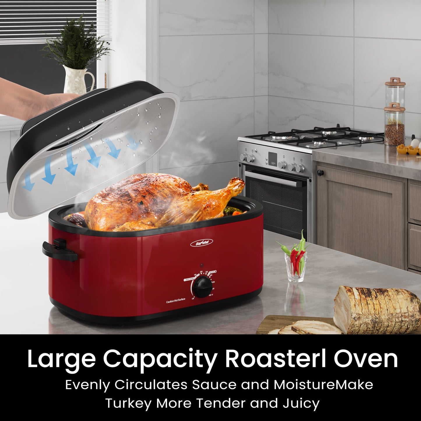Sunvivi 26 Quart Electric Turkey Roaster Oven with Visible Glass Lid,Removable Pan & Rack, Stainless Steel,Red