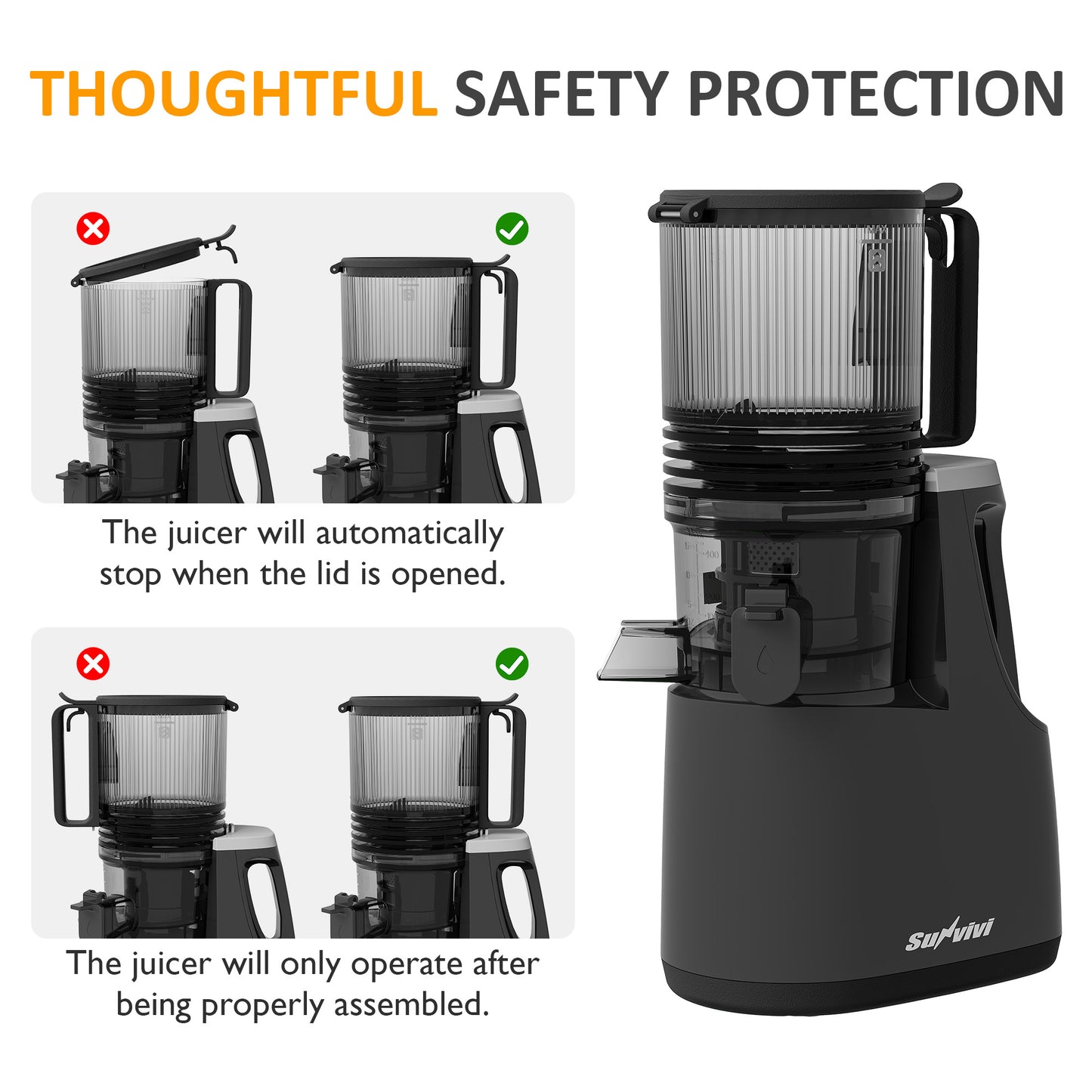 Sunvivi Cold Press Juicer with 5.9" Wide Feed Chute, 250W Slow Juicer Machines Fit Whole Vegetables & Fruits, Easy to Clean, Dual-Layer Strainer, High Juicer Yield Masticating Juicer for Home, Black