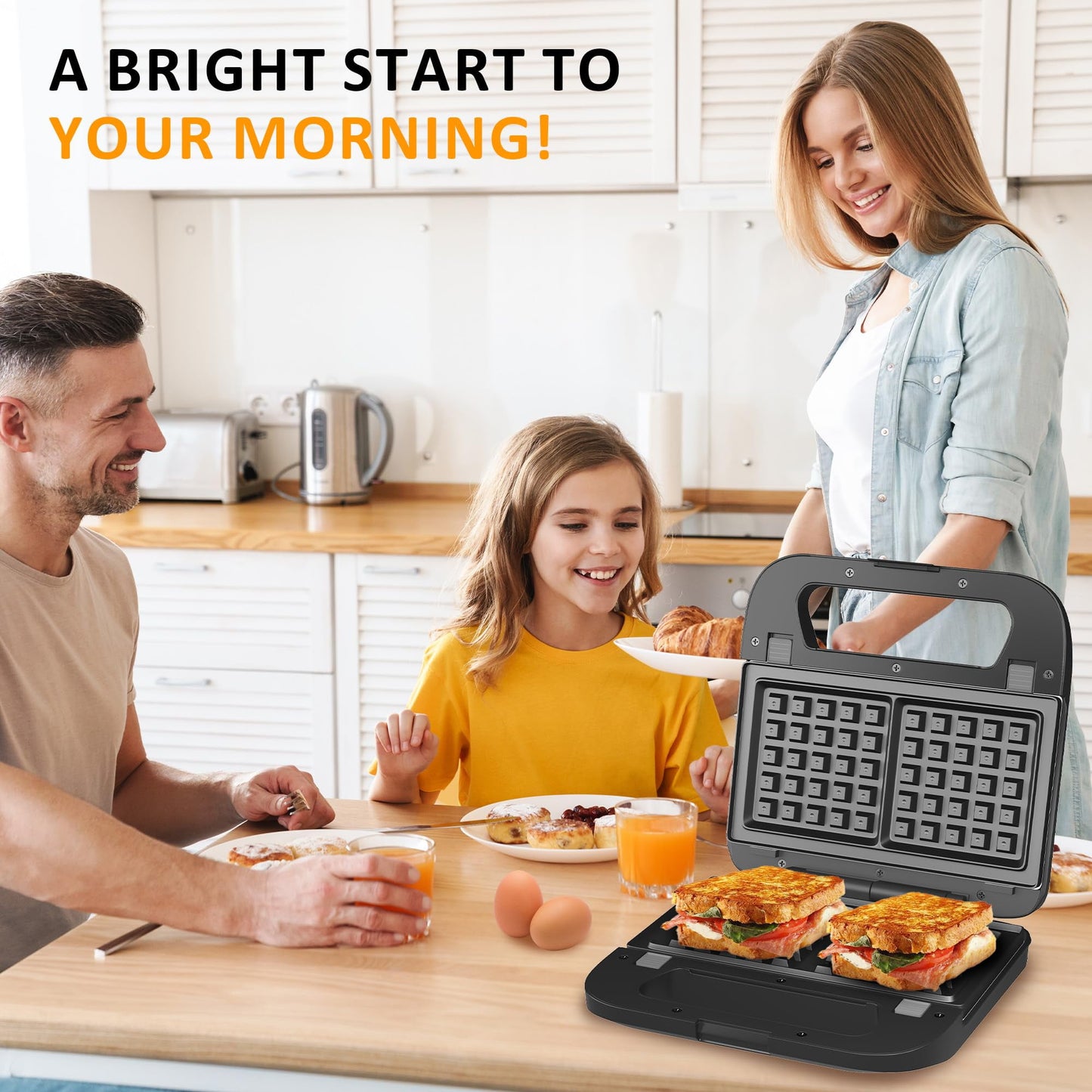 Sunvivi 3 in1 Electric Sandwich Maker, Panini Press Grill and Waffle Iron Set, Grill and Sandwich Press with Removable Non-Stick Plates, Indicator Lights & Cool Touch Handle, 750W, Black