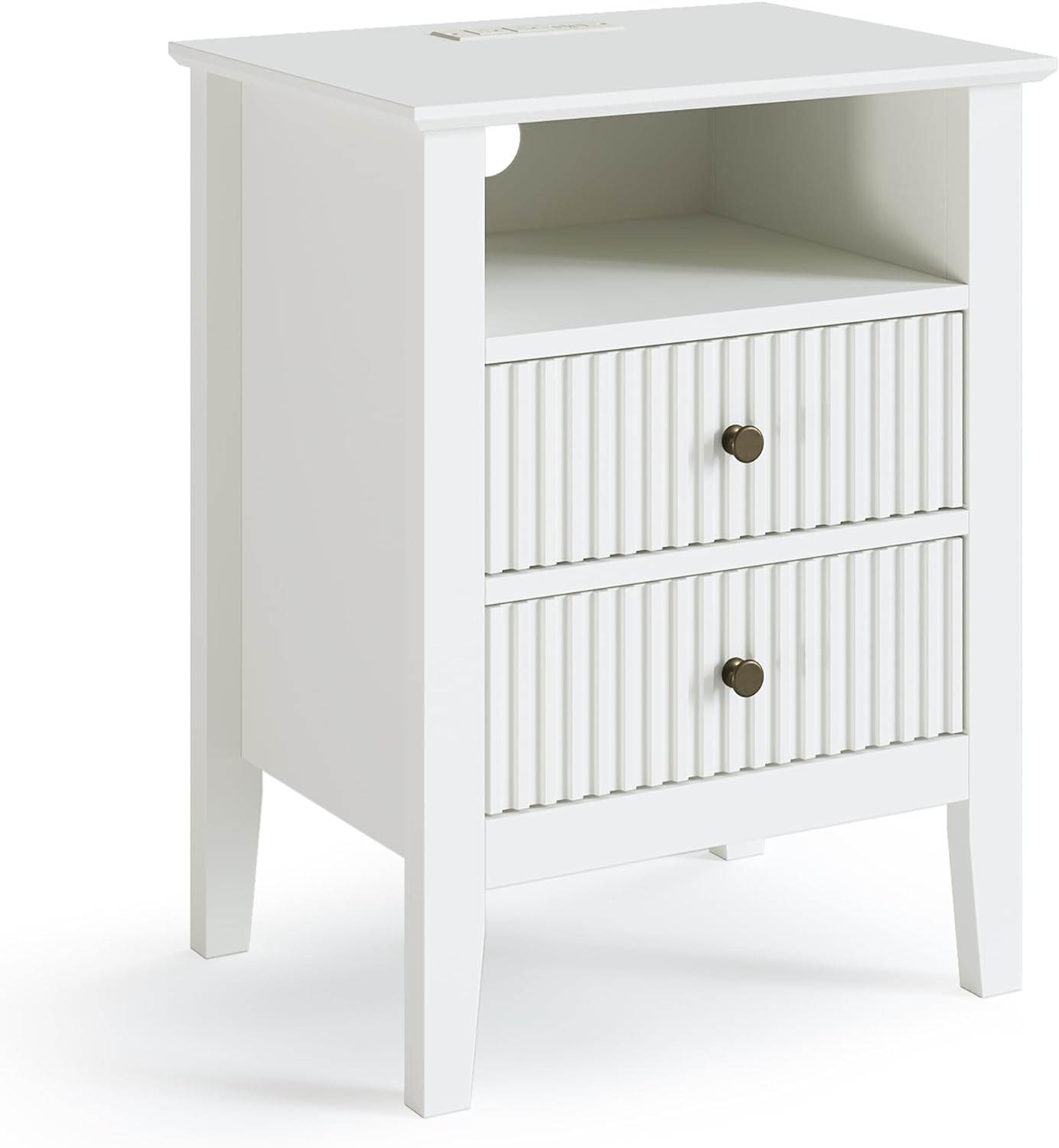 White Nightstand with Charging Station, White Sofa Table with 2 Storage Drawers Cabinet, Tall End Table with Wooden Fluted-Design for Bedroom,Living Room, White