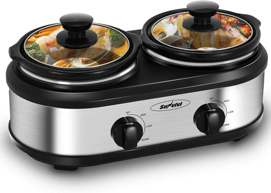 Sunvivi Dual Pot Slow Cooker, 2 Pot Small Mini Crock Buffet Server and Warmer, Upgraded Oval Ceramic Double Pot Buffet Food Warmer Adjustable Temp Glass Lid, Total 2.5 Quarts