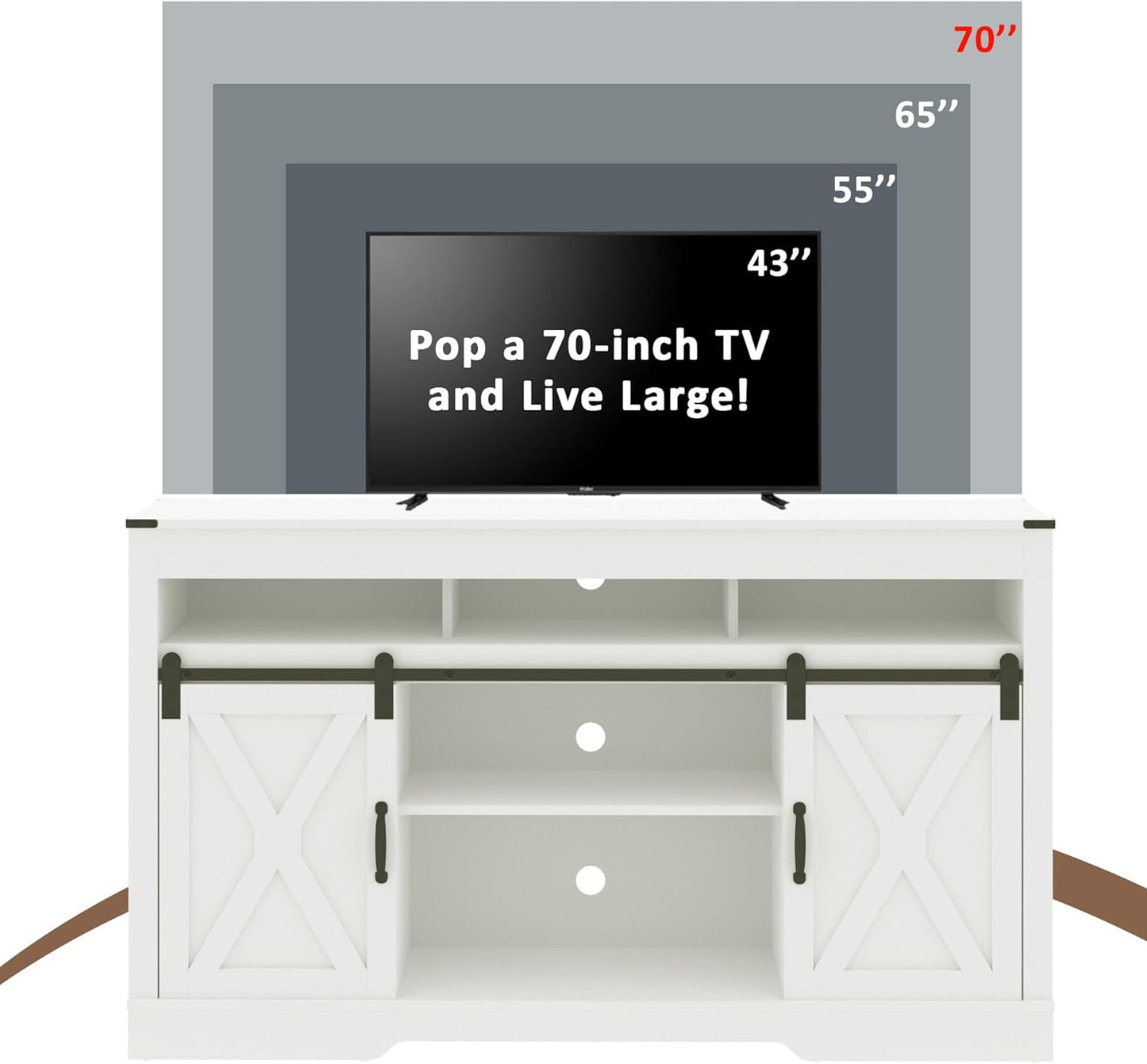 windaze Farmhouse 65+ Inch TV Stand, Entertainment Center with Sliding Barn Doors, White