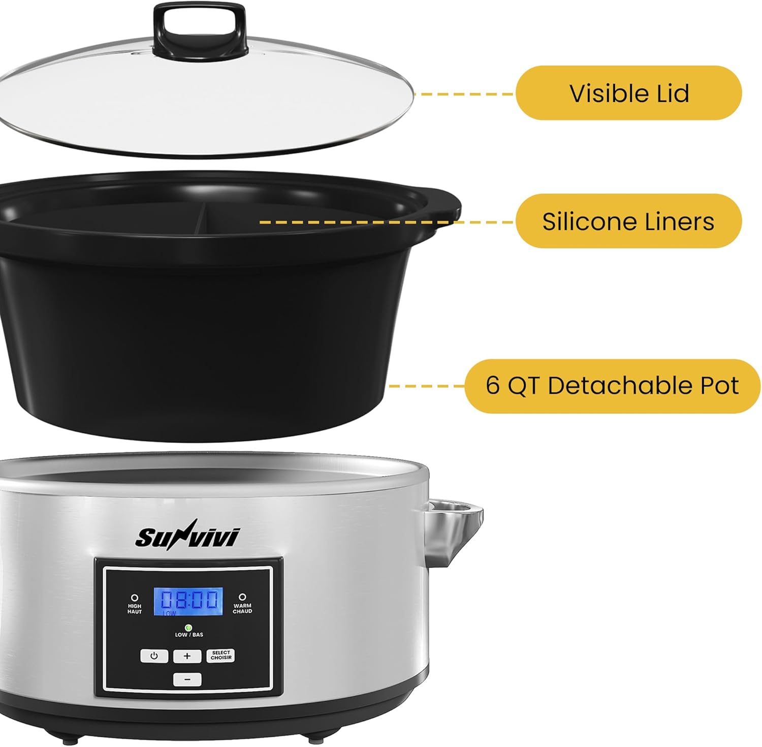 Sunvivi 6 Quart Programmable Slow Cooker with 2 in 1 Silicone Liners