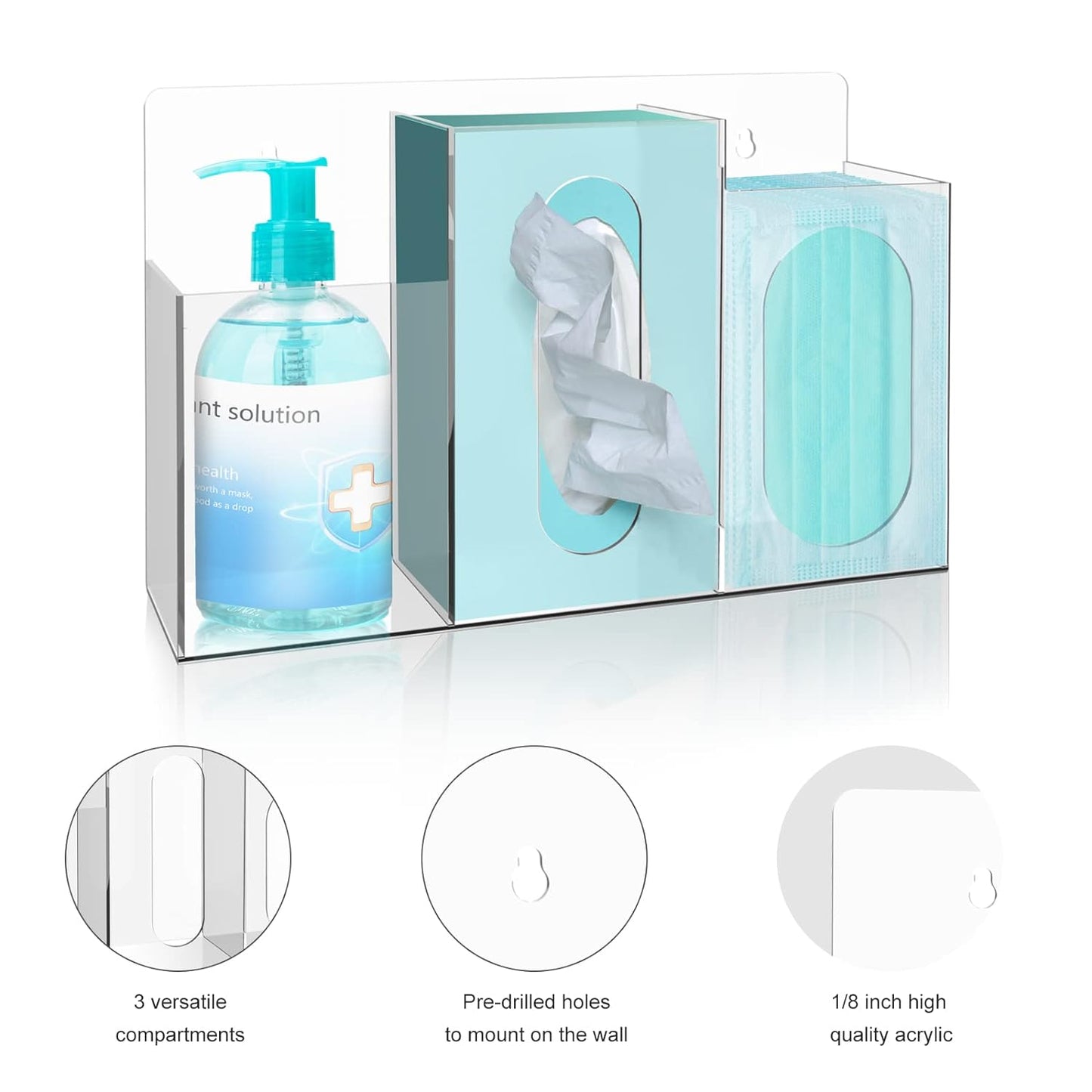 WAHFAY Acrylic Hygiene Dispenser Sanitation Station with Three Compartment, Gloves Masks Hairnets Acrylic Box Holder, Wall Mount or Tabletop Acrylic Clear Storage Containers