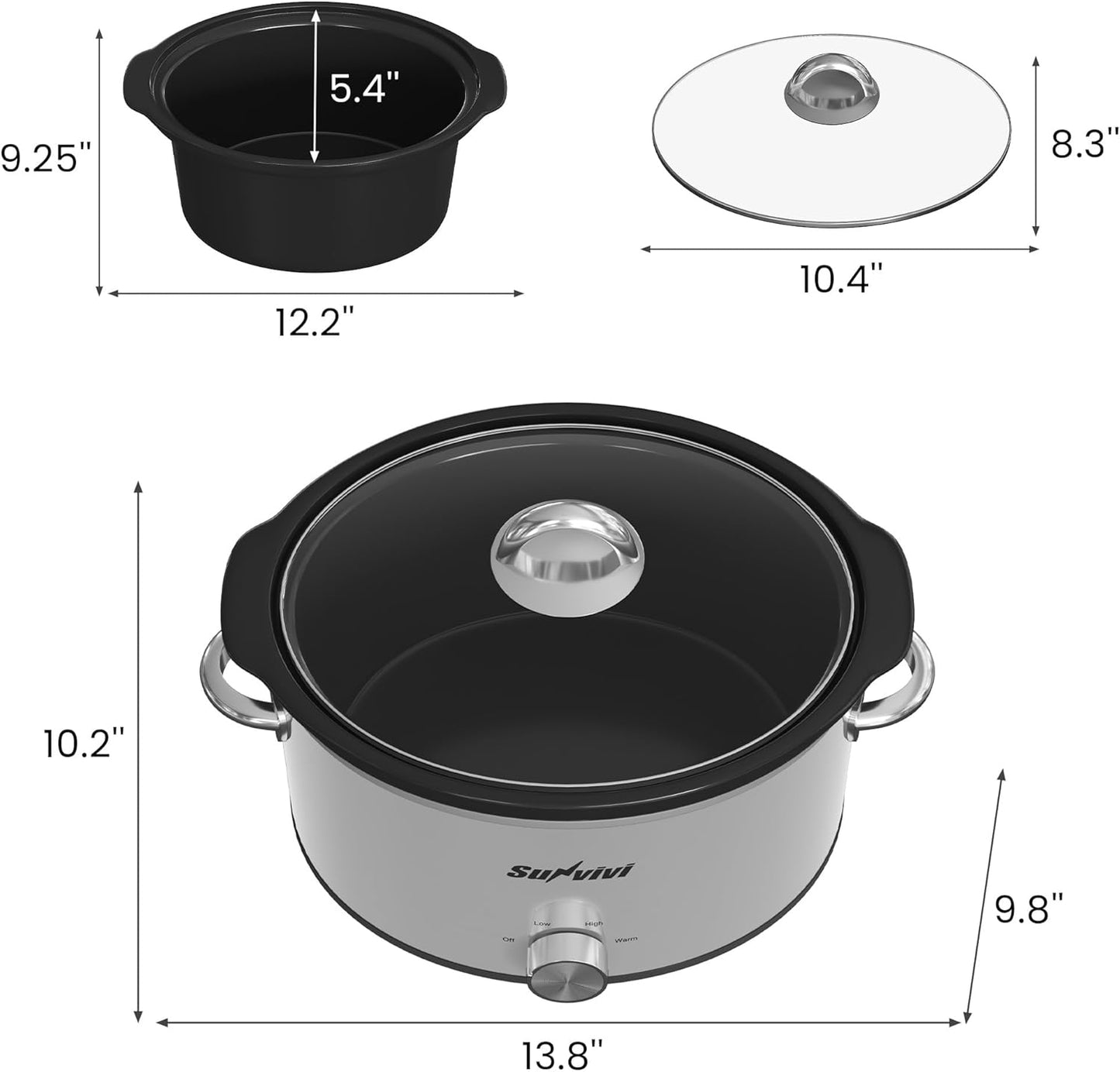Sunvivi 4 Quart Slow Cooker & Mini Food Warmer with 3 Heating Settings, Removable Ceramic Pot, Dishwasher Safe Glass Lid, Stainless Steel, Silver