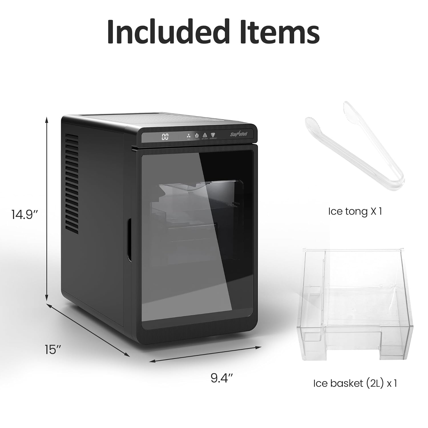 Sunvivi Clear Ice Maker, Compact Countertop Ice Machine, 1.6" Square Ice Cubes, Fast 10-Min Ice Production