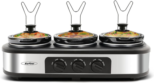 Triple Slow Cooker, Food Warmer Buffet Servers with 3 Spoons, Removable Lids & Spoon Rests, Perfect Gift for Christmas, for Parties, Entertaining & Holidays
