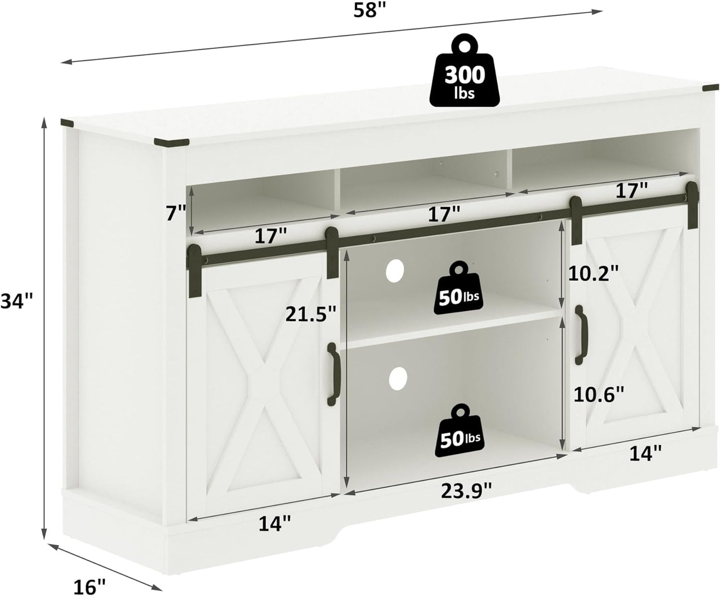 windaze Farmhouse 65+ Inch TV Stand, Entertainment Center with Sliding Barn Doors, White