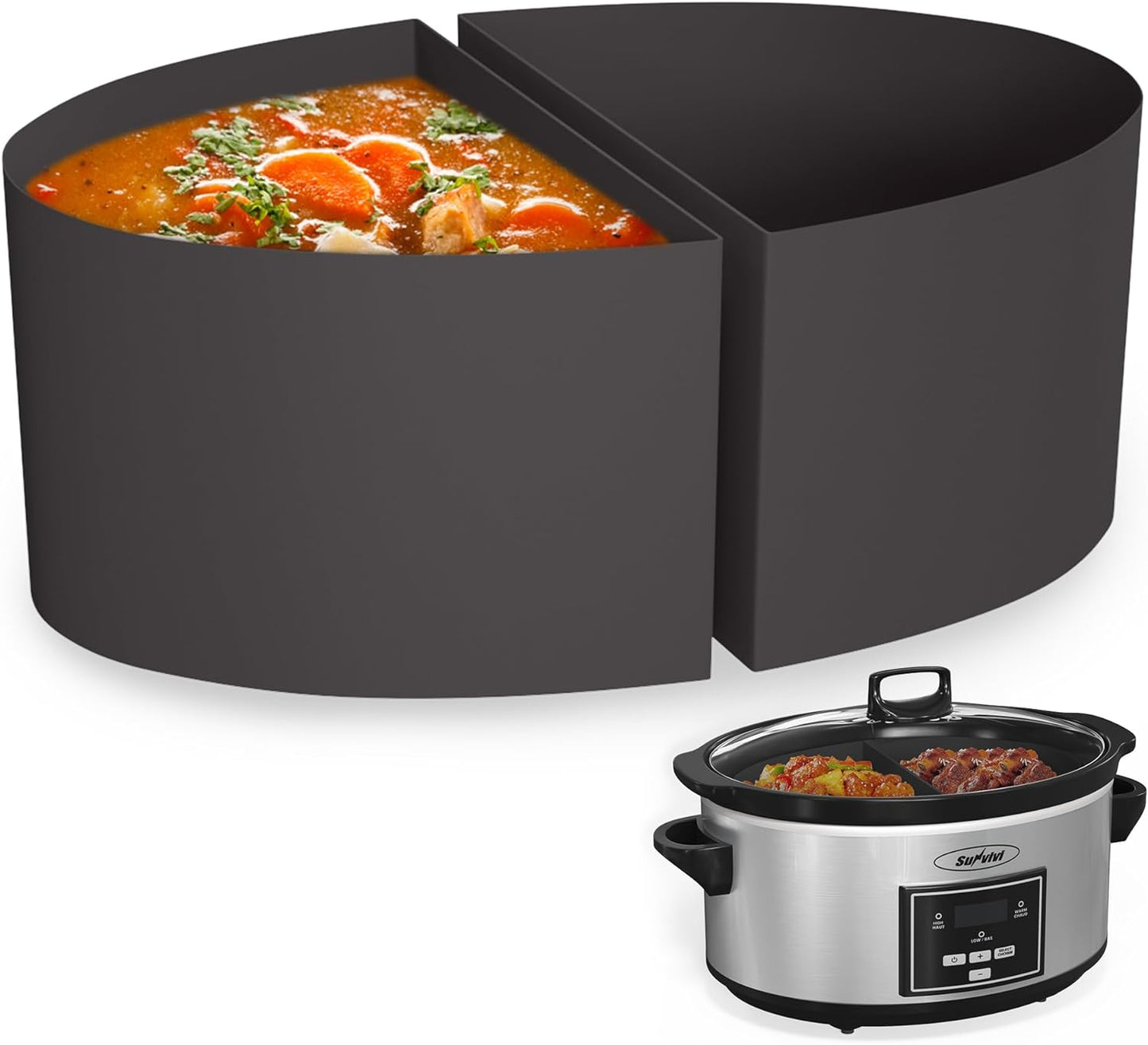 Sunvivi Programmable Slow Cooker 6 Quart with 2 in 1 Silicone Liners, Multi-Cooker Food Warmer with Digital Timer, 3 Cooking Settings, Dishwasher-Safe Removable Ceramic Pot & Lid, Silver