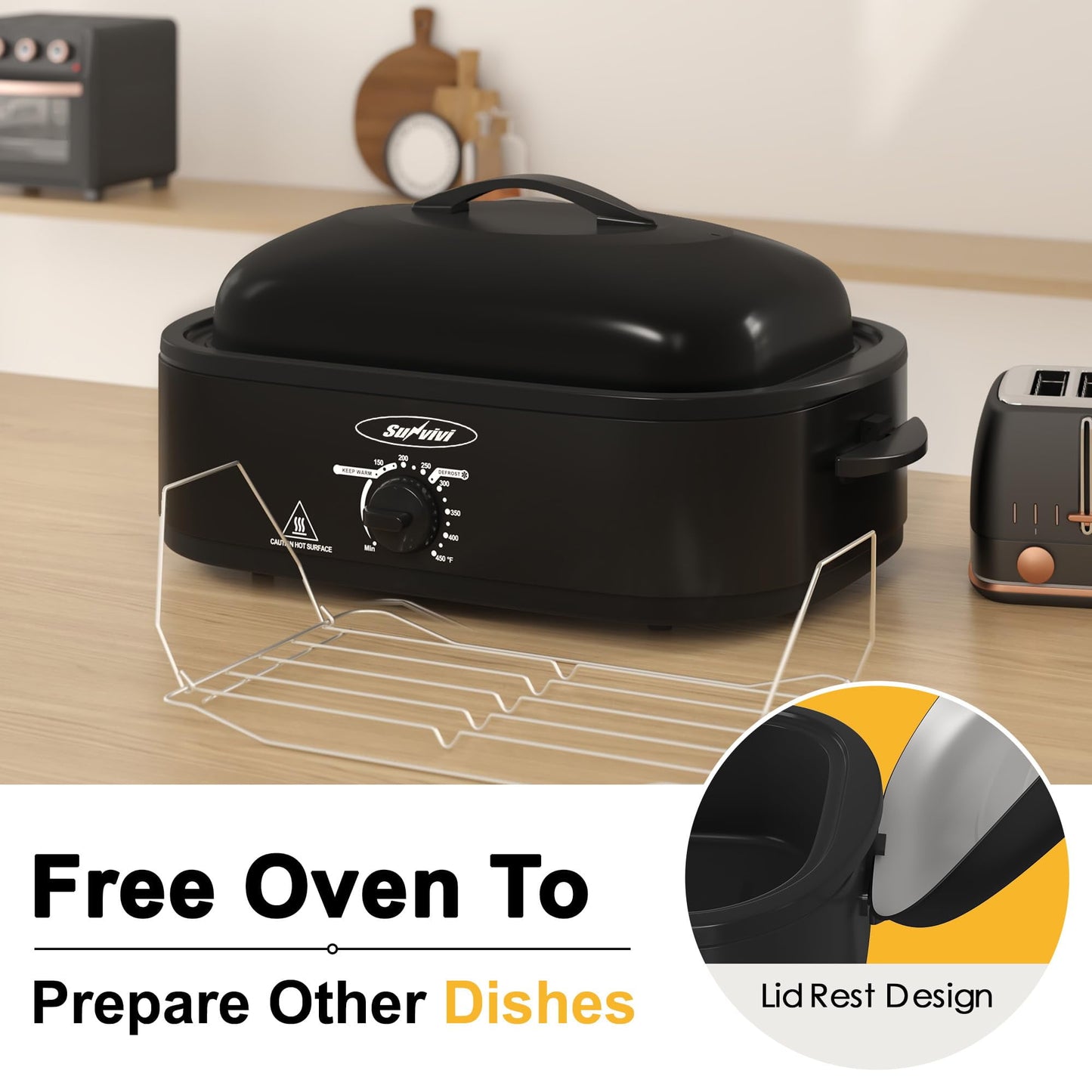 Sunvivi 14-Quart Electric Roaster Oven with Self-Basting Lid, Turkey Roaster Oven with Removable Pan and Rack, Stainless Steel, Black