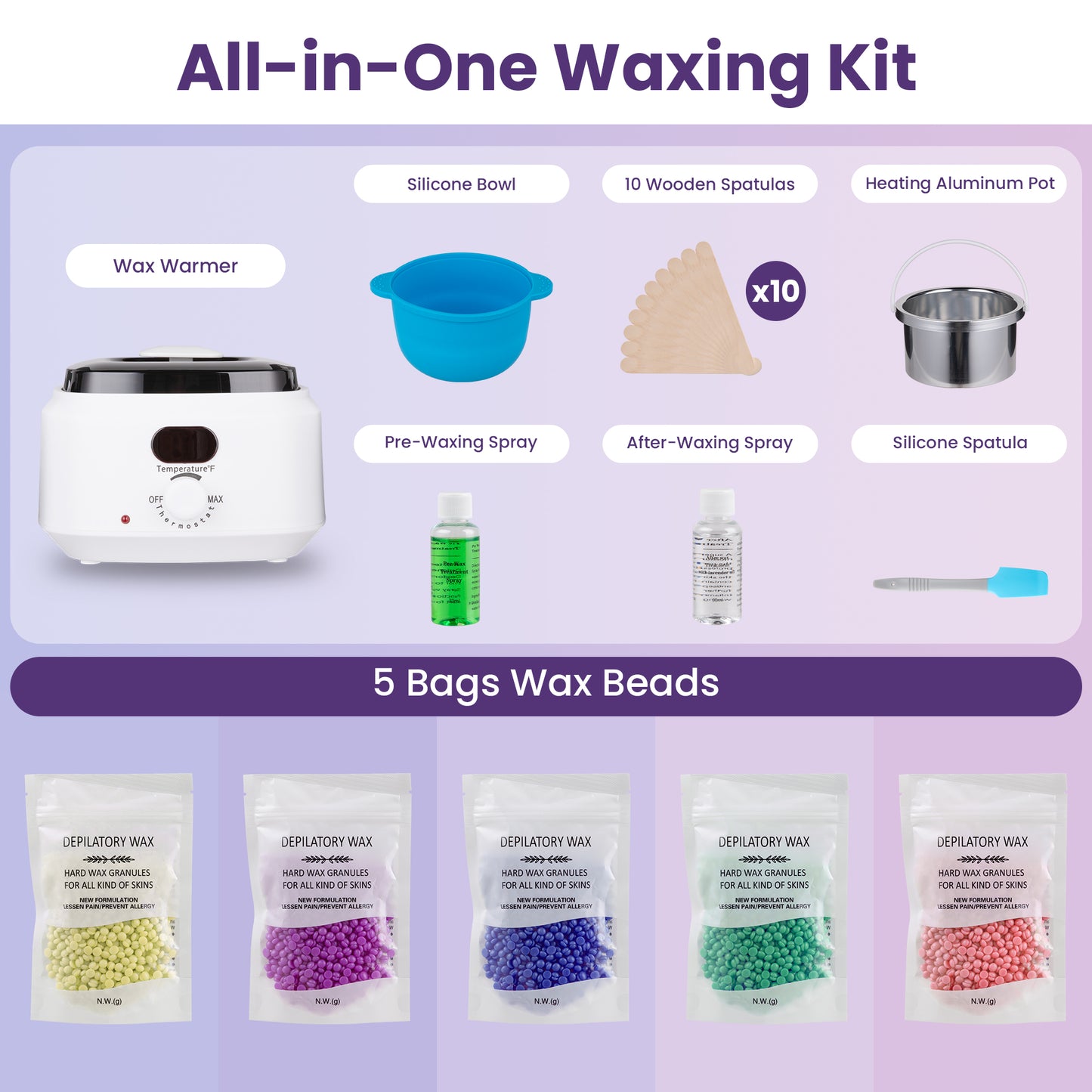 Sunvivi Waxing Kit, Digital Wax Warmer for Hair Removal with 5 Packs Hard Wax Beads, Wax Melt Warmer Kit for Full Body, Legs, Face, Eyebrows, Bikini, Brazilian Waxing Kit for Women Men