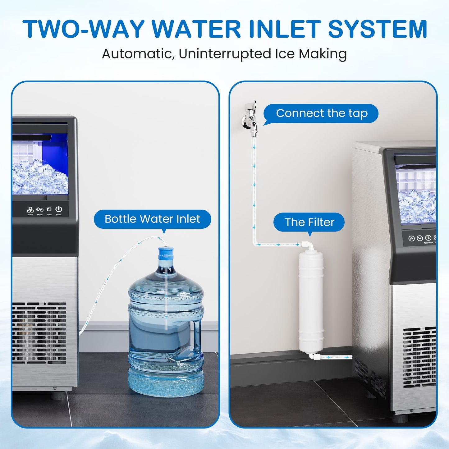 Commercial Cube Ice Maker Machine: 88-110 lbs/24H, 8-15 Minutes Fast Ice Production, Large Ice Maker with Dual Water Supply, Energy-Efficient for Home, Bar & Restaurant, Sliver