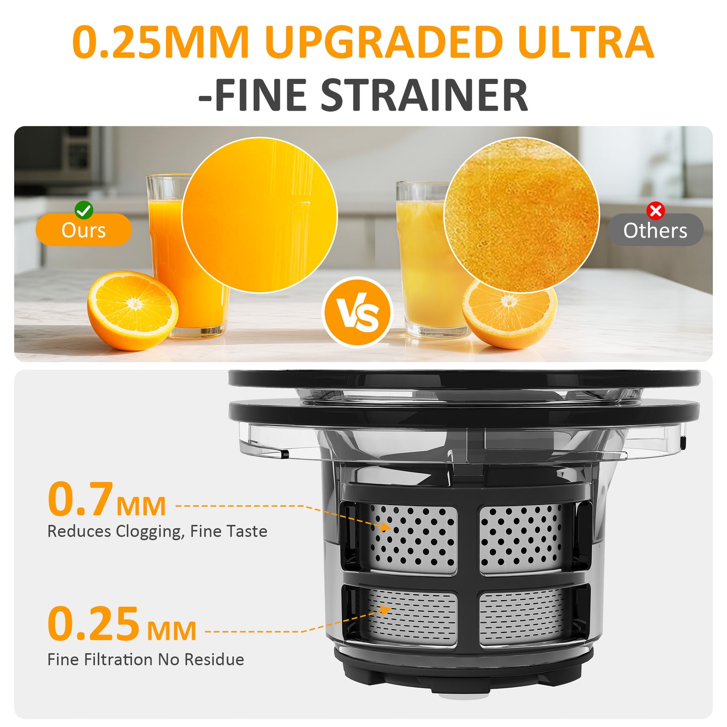 Sunvivi Cold Press Juicer with 5.9" Wide Feed Chute, 250W Slow Juicer Machines Fit Whole Vegetables & Fruits, Easy to Clean, Dual-Layer Strainer, High Juicer Yield Masticating Juicer for Home, Black