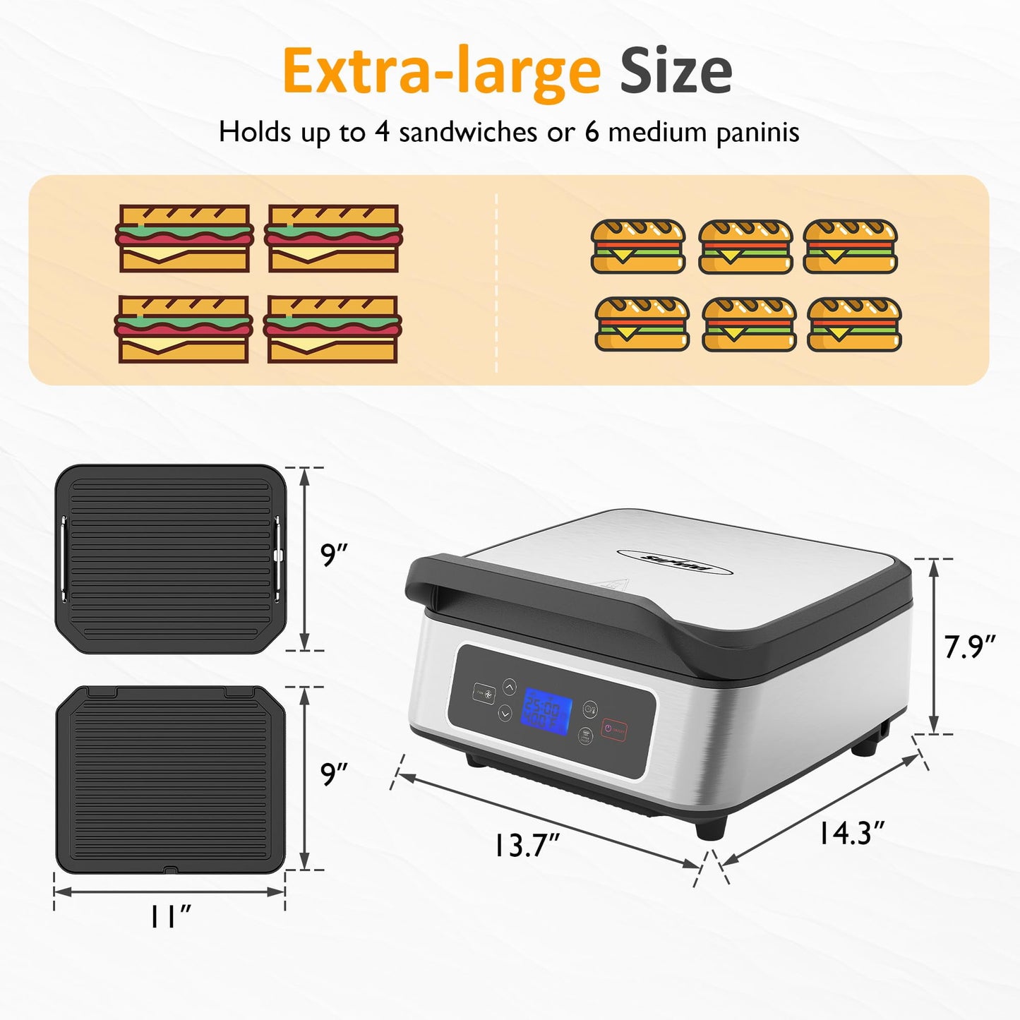 Sunvivi 1300W Smokeless Indoor Grill, Electric Panini Press Sandwich Maker with Auto-Lift, Fan, Independent Upper Heating, and Smart Time & Temperature Control, Removable Non-Stick Plates