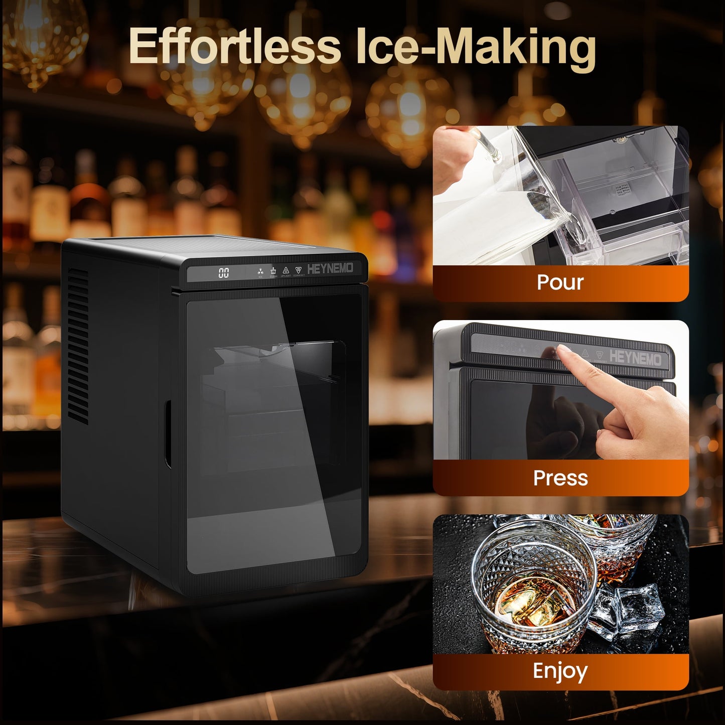 Sunvivi Clear Ice Maker for Home ¨C Compact Countertop Ice Machine with 1.6" Square Ice Cubes, Self-Cleaning, LED Light & Timer, Portable Electric Ice Maker for Kitchen, Bar, RV, Black