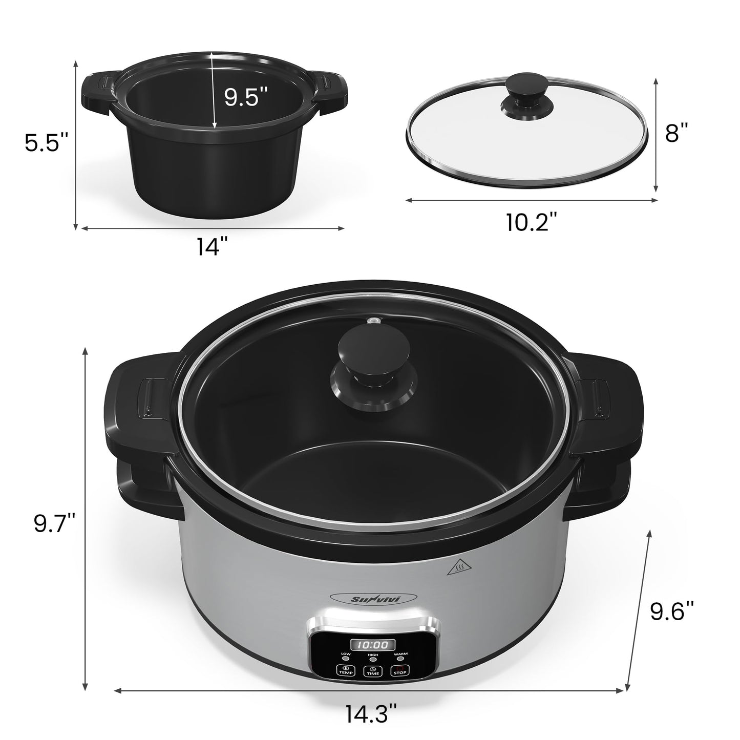 SUNVIVI 4QT Programmable Slow Cooker with Locking Lid, Removable Ceramic Pot, 3 Heating Settings & Timer, Dishwasher-Safe, Stainless Steel