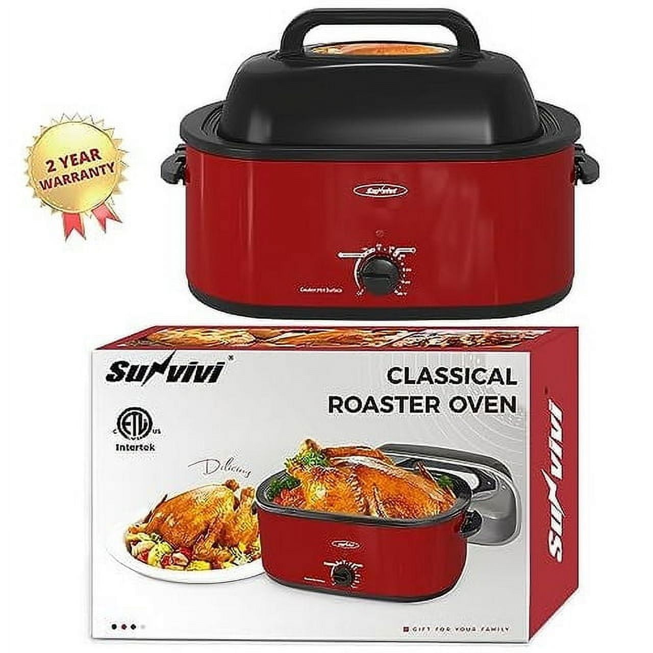 Sunvivi 26 Quart Electric Turkey Roaster Oven with Visible Glass Lid,Removable Pan & Rack, Stainless Steel,Red