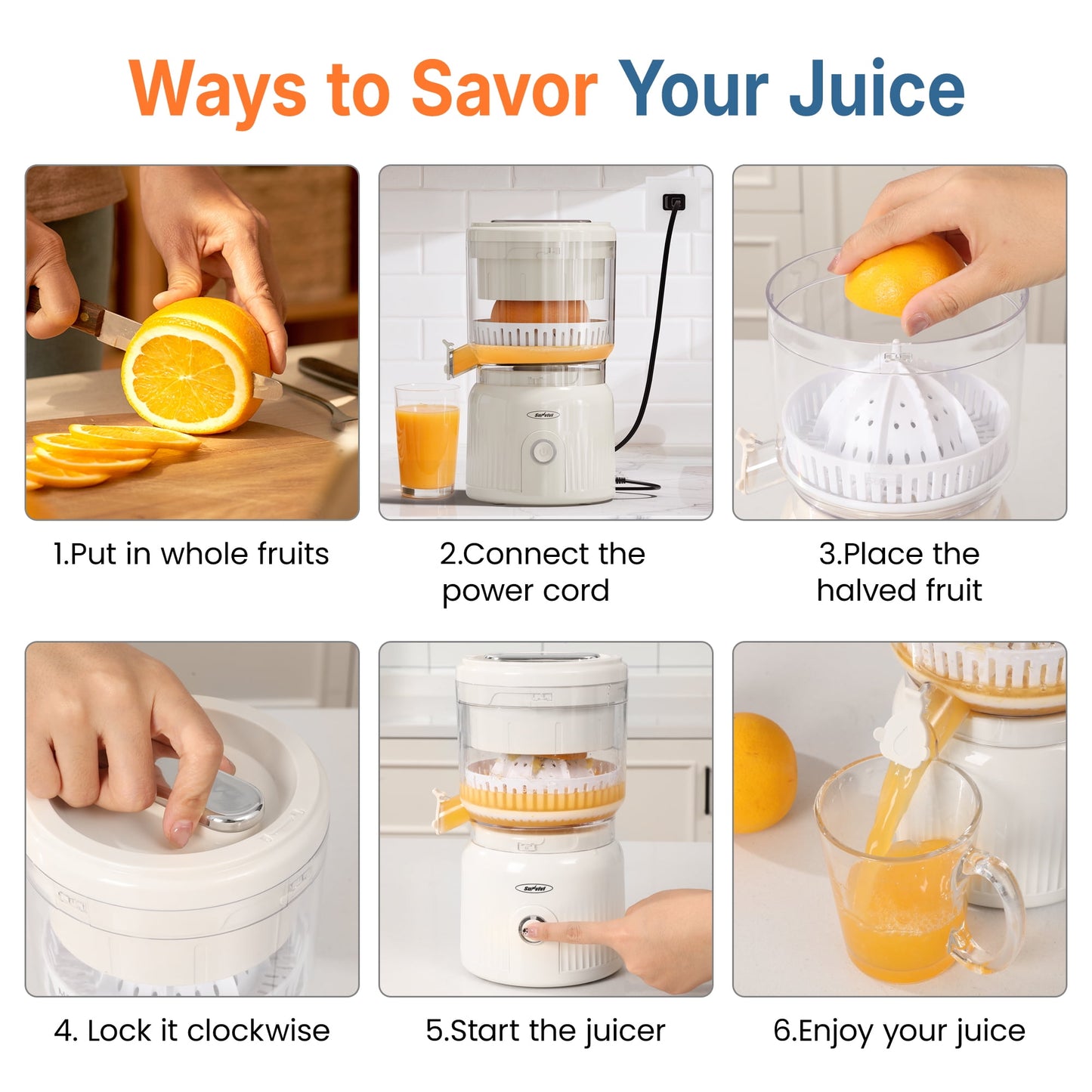 Sunvivi Citrus Juicer Electric, 90W Automatic Orange and Lemon Squeezer, Fast 15,000 RPM Fruit Juicer, Compact Design, Easy to Clean with Cleaning Brush, Beige